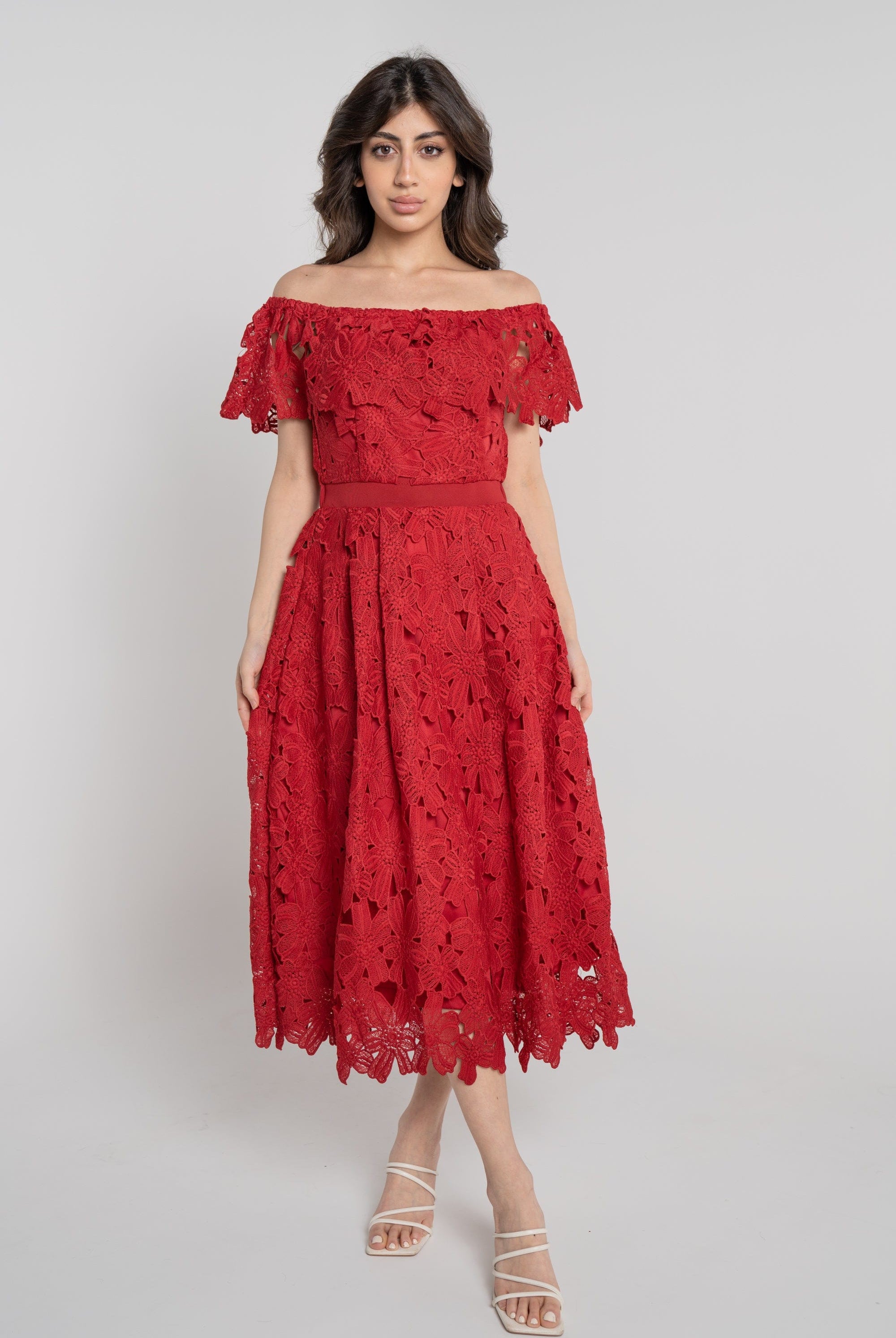 نتشي فستان ميدي مخصر مخرم أوف شولدر نسائي