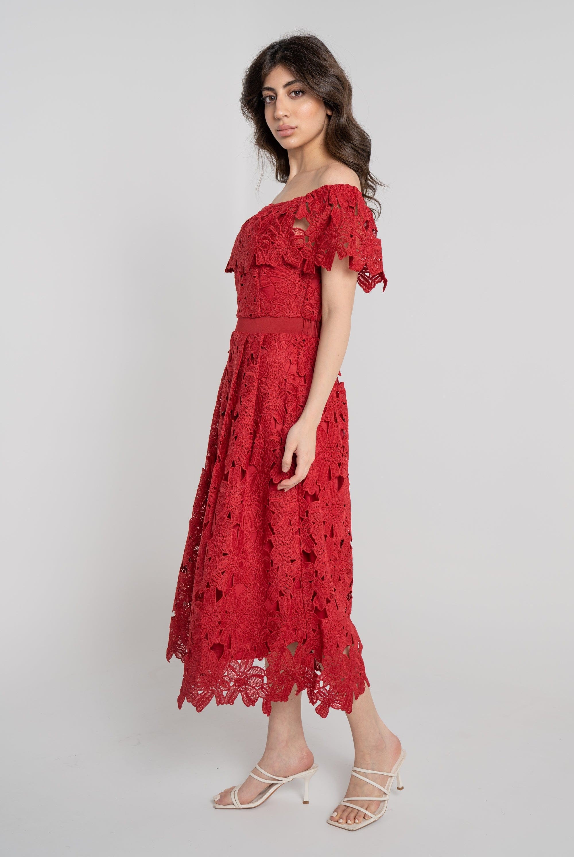 نتشي فستان ميدي مخصر مخرم أوف شولدر نسائي