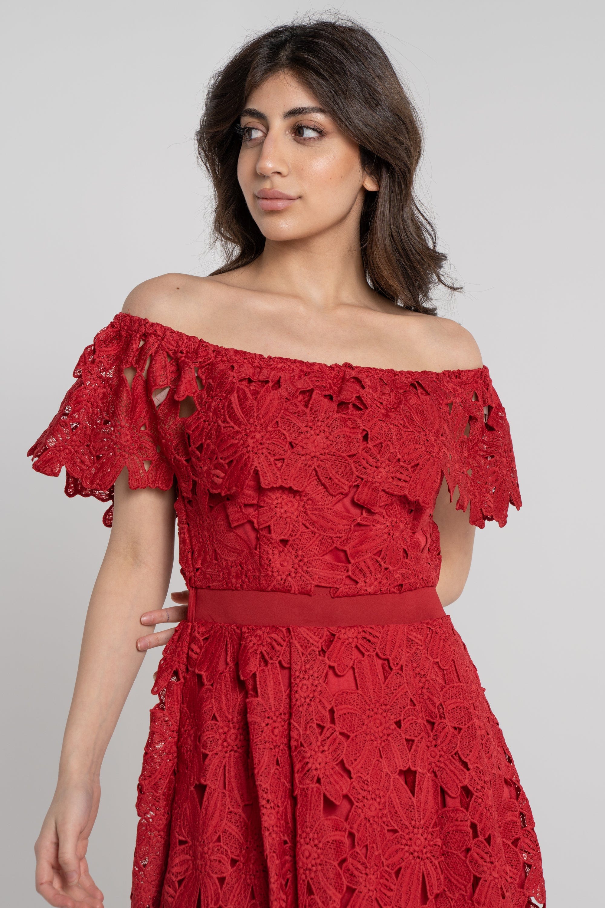 نتشي فستان ميدي مخصر مخرم أوف شولدر نسائي