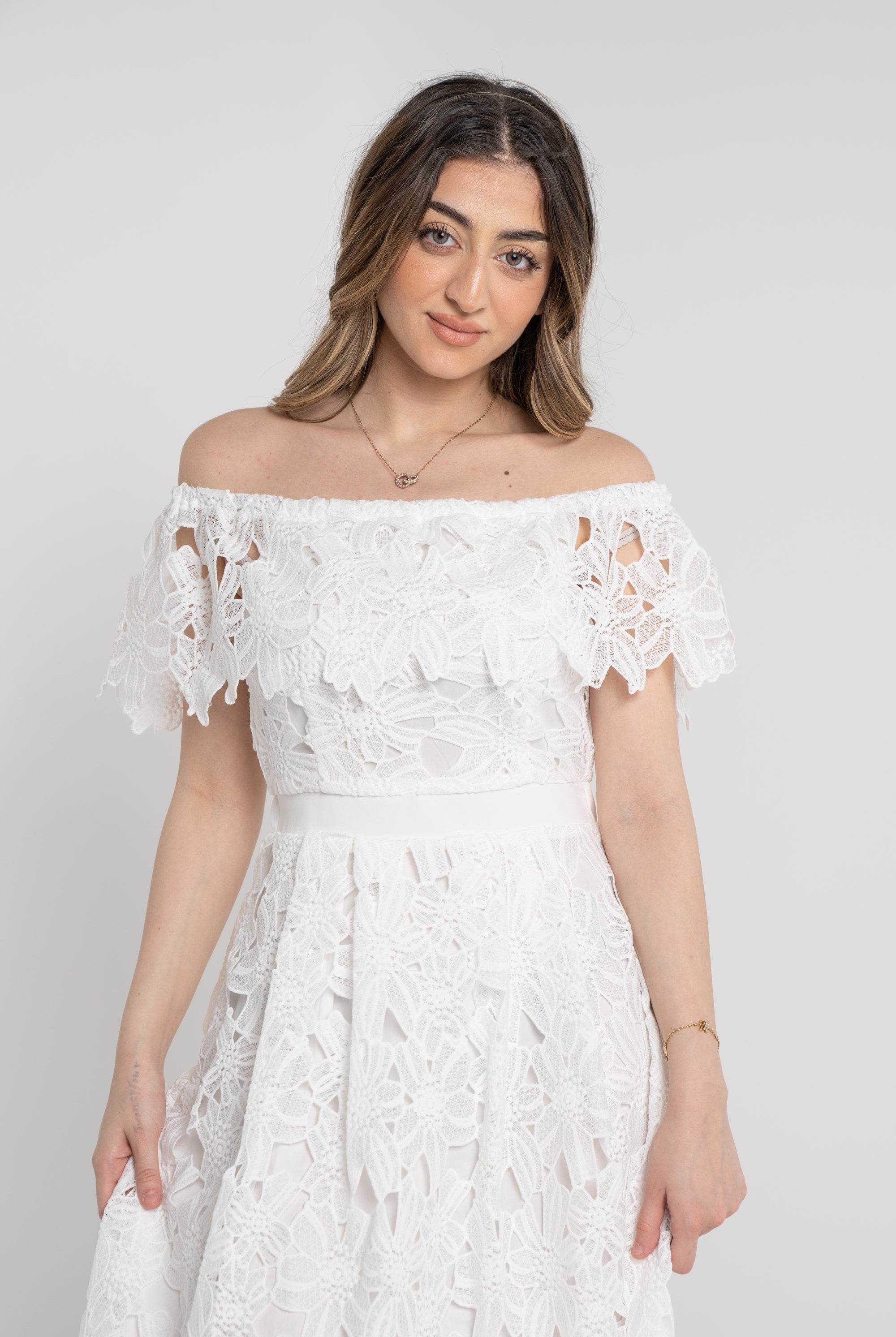 نتشي فستان ميدي مخصر مخرم أوف شولدر نسائي