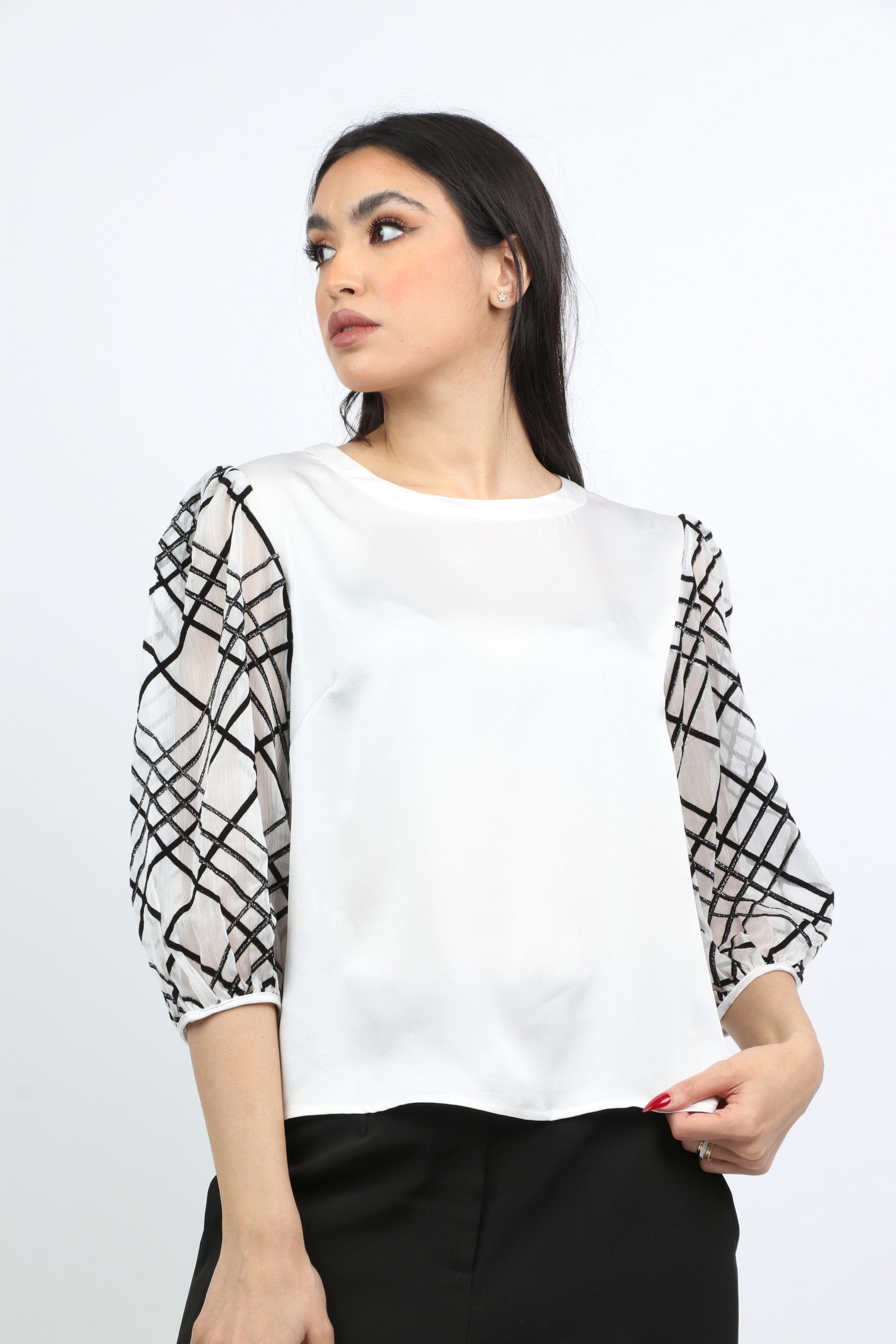 نتشي بلوزة سهرة سادة أكمام طويلة منفوخة نسائي