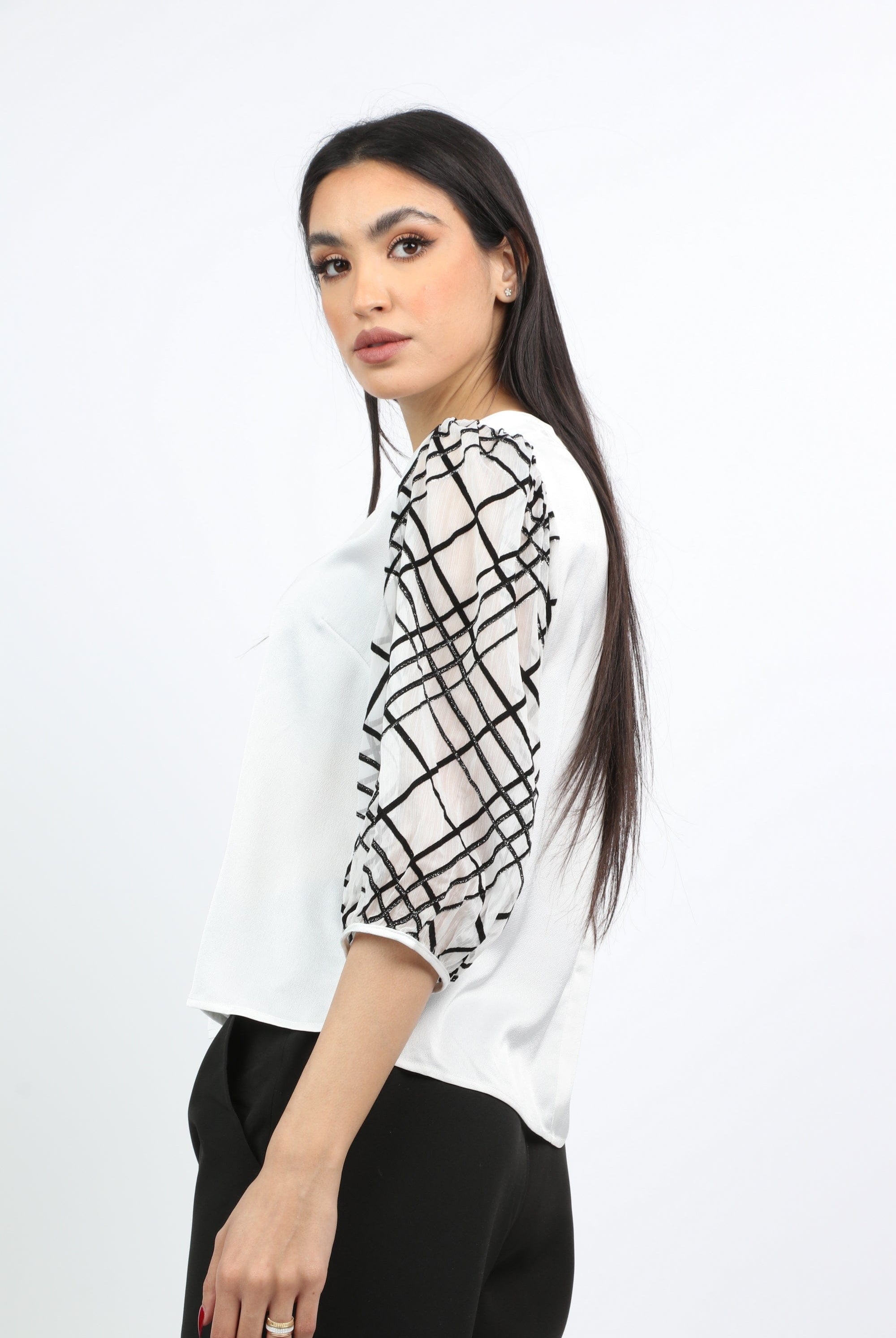 نتشي بلوزة سهرة سادة أكمام طويلة منفوخة نسائي