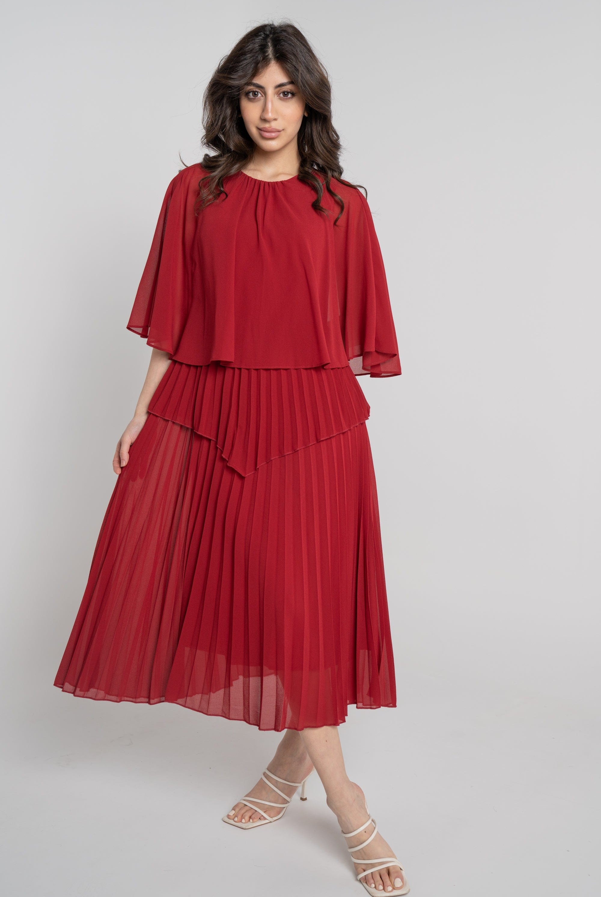 نتشي فستان ميدي سادة بتنورة بليسيه نص كم نسائي