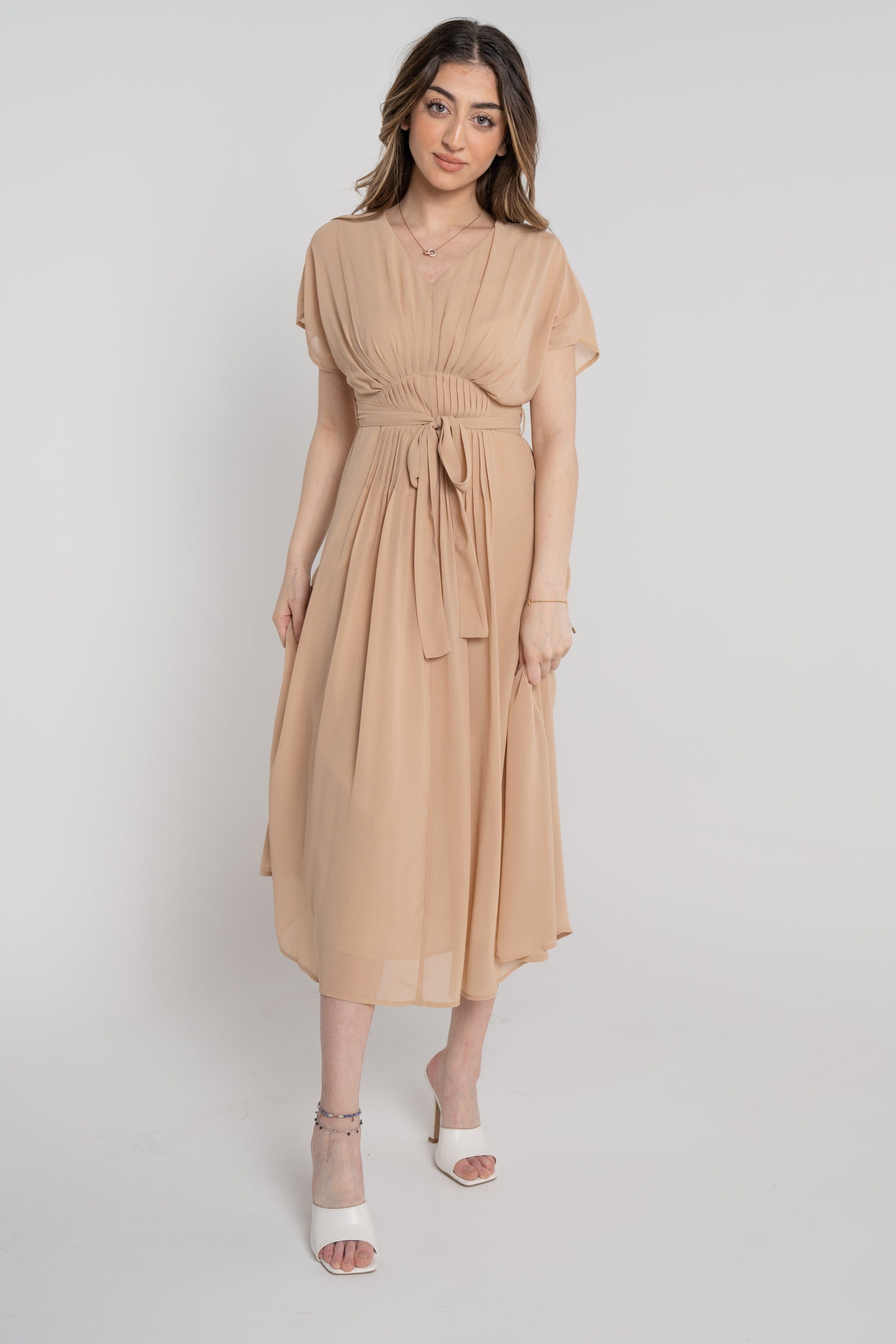 نتشي فستان ميدي سادة مخصر كم قصير مفتوح نسائي