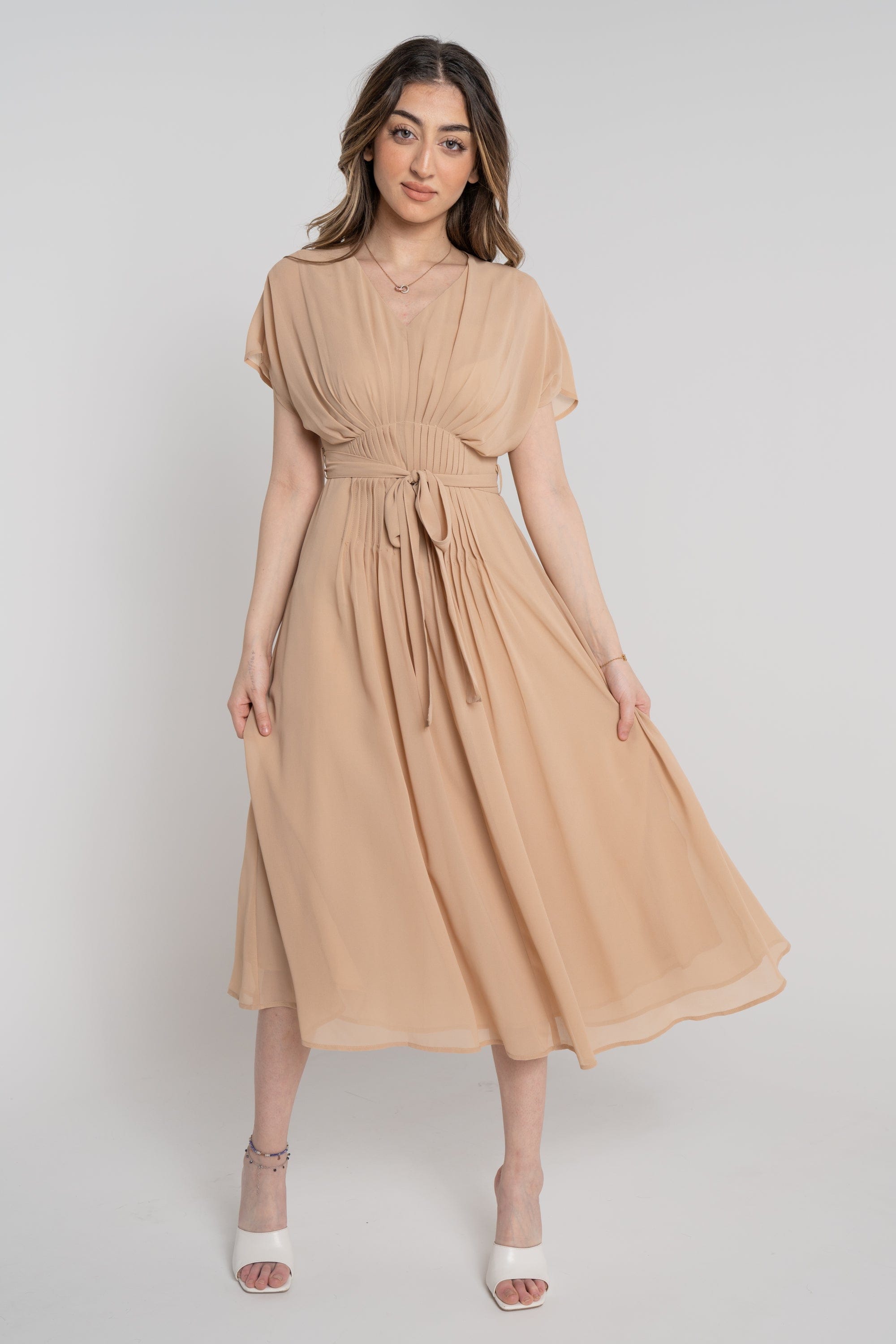 نتشي فستان ميدي سادة مخصر كم قصير مفتوح نسائي