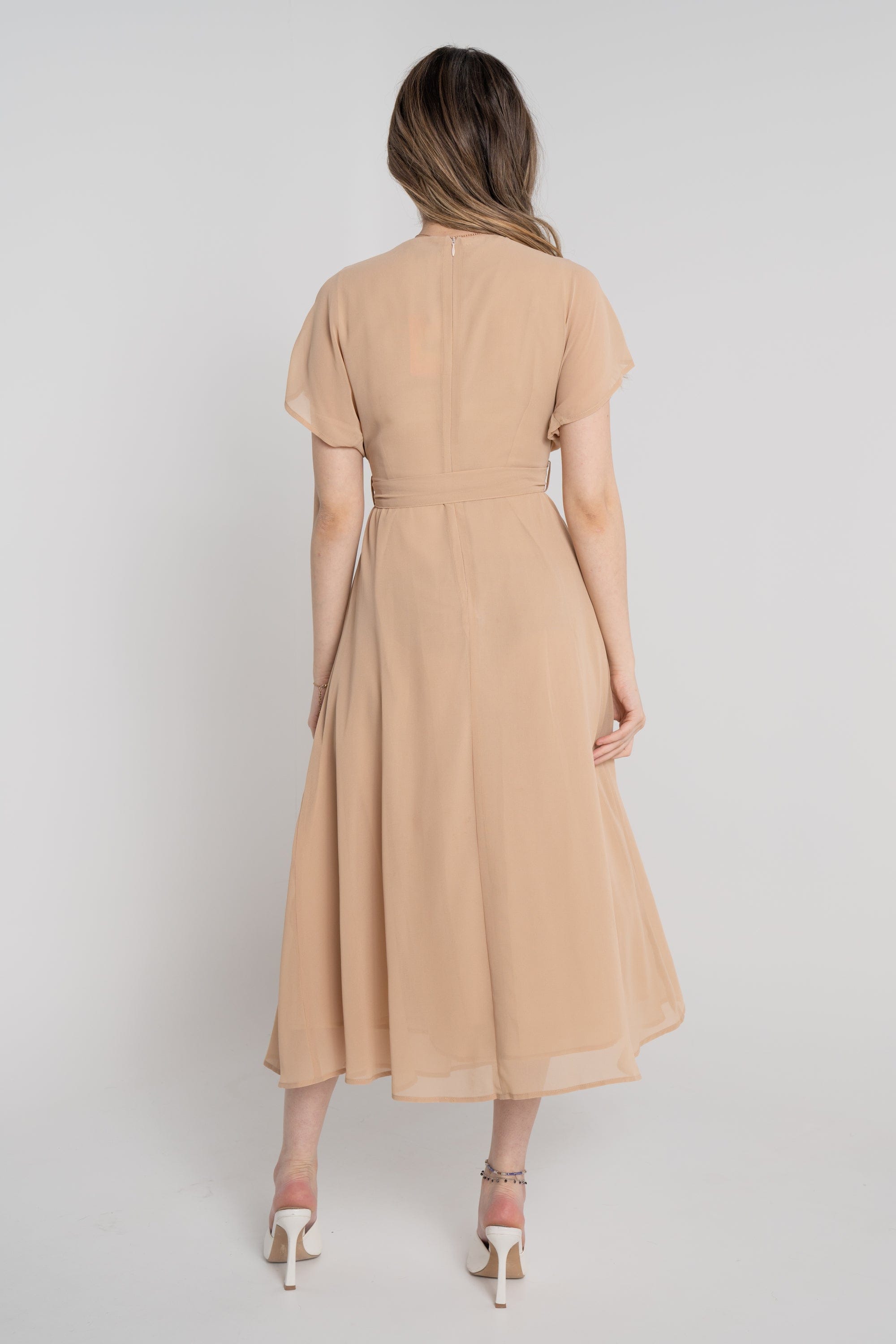 نتشي فستان ميدي سادة مخصر كم قصير مفتوح نسائي