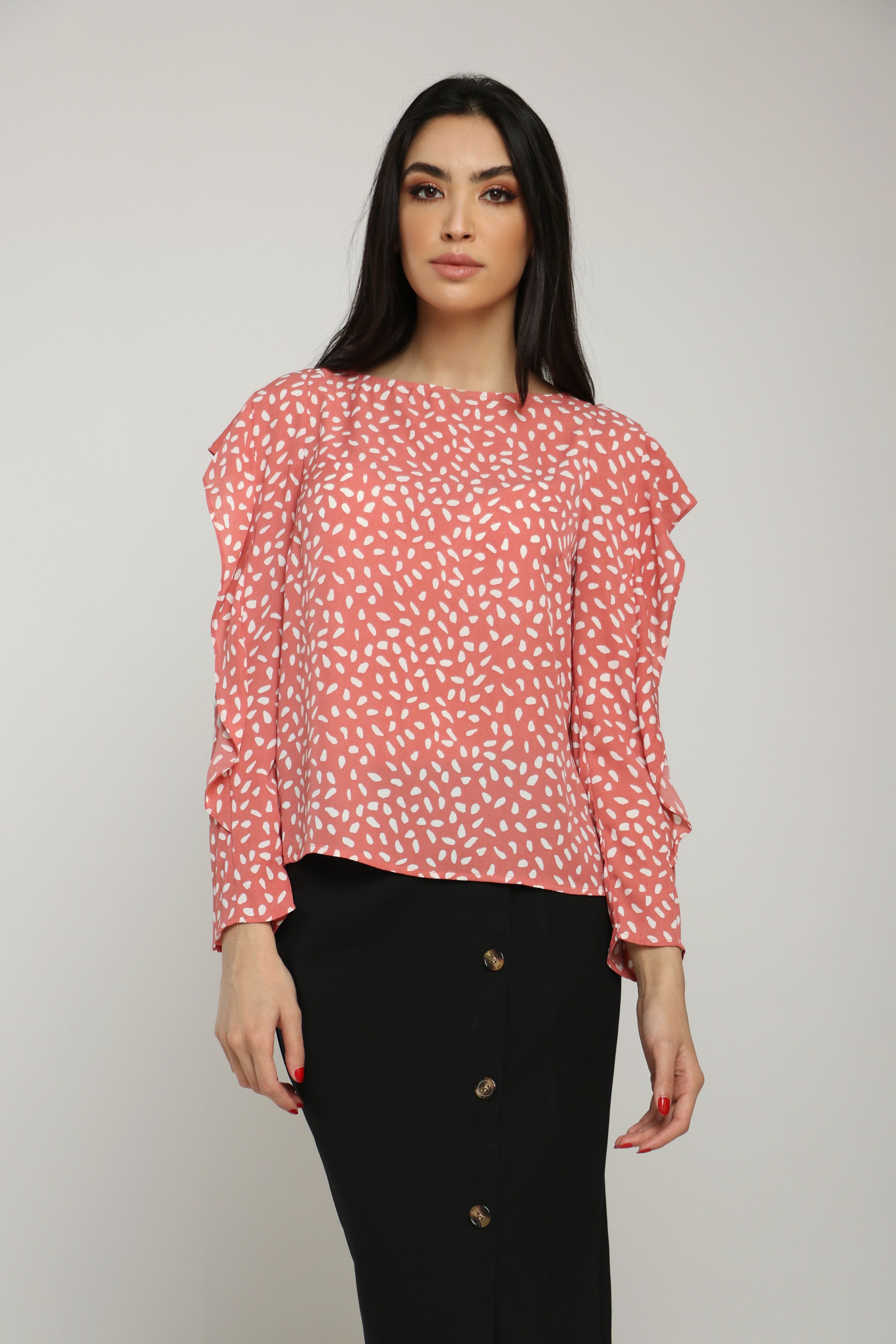 نتشي بلوزة منقوشة بكم طويل مزين بكشكش نسائي