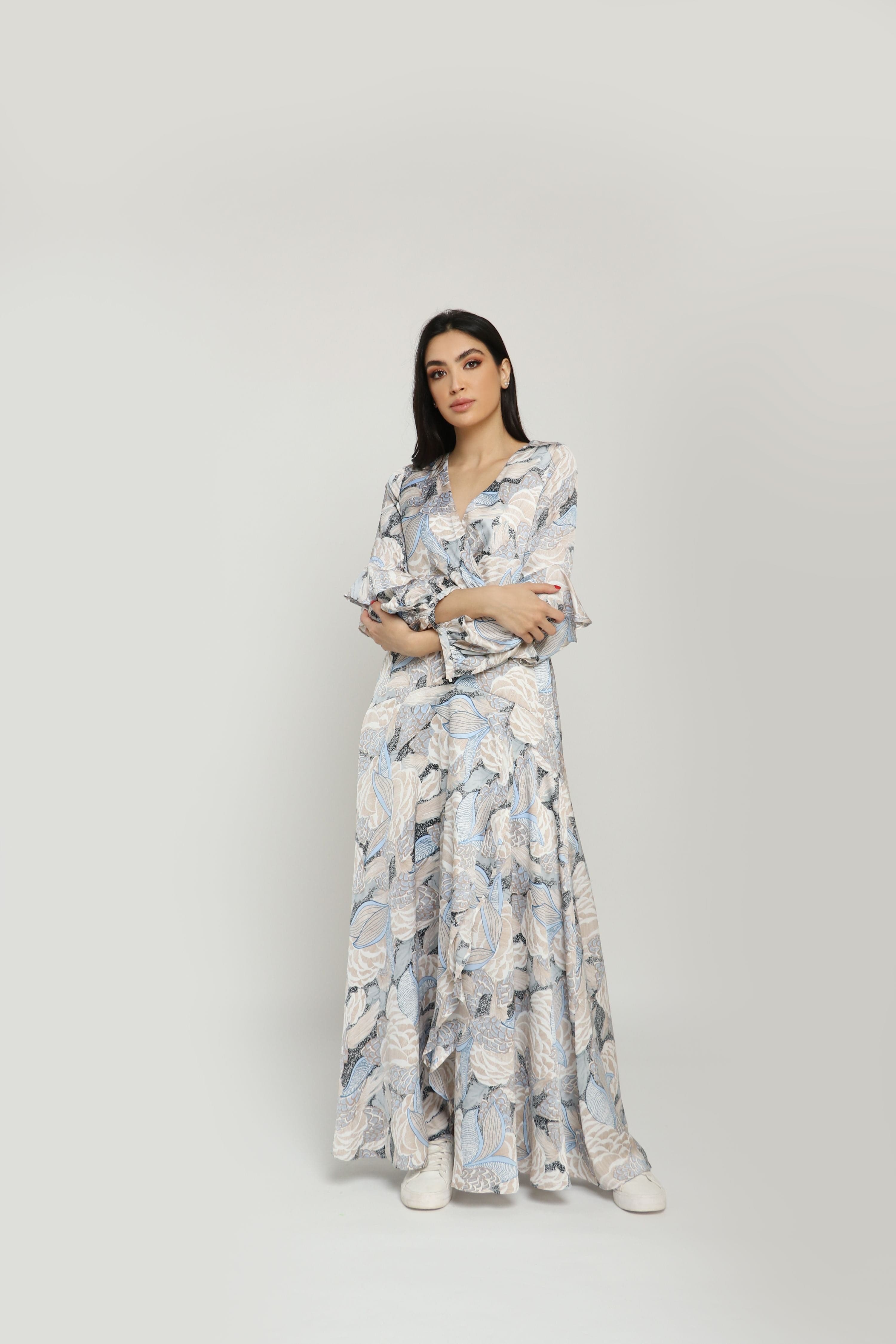 نتشي فستان مورد طويل نسائي مكشكش