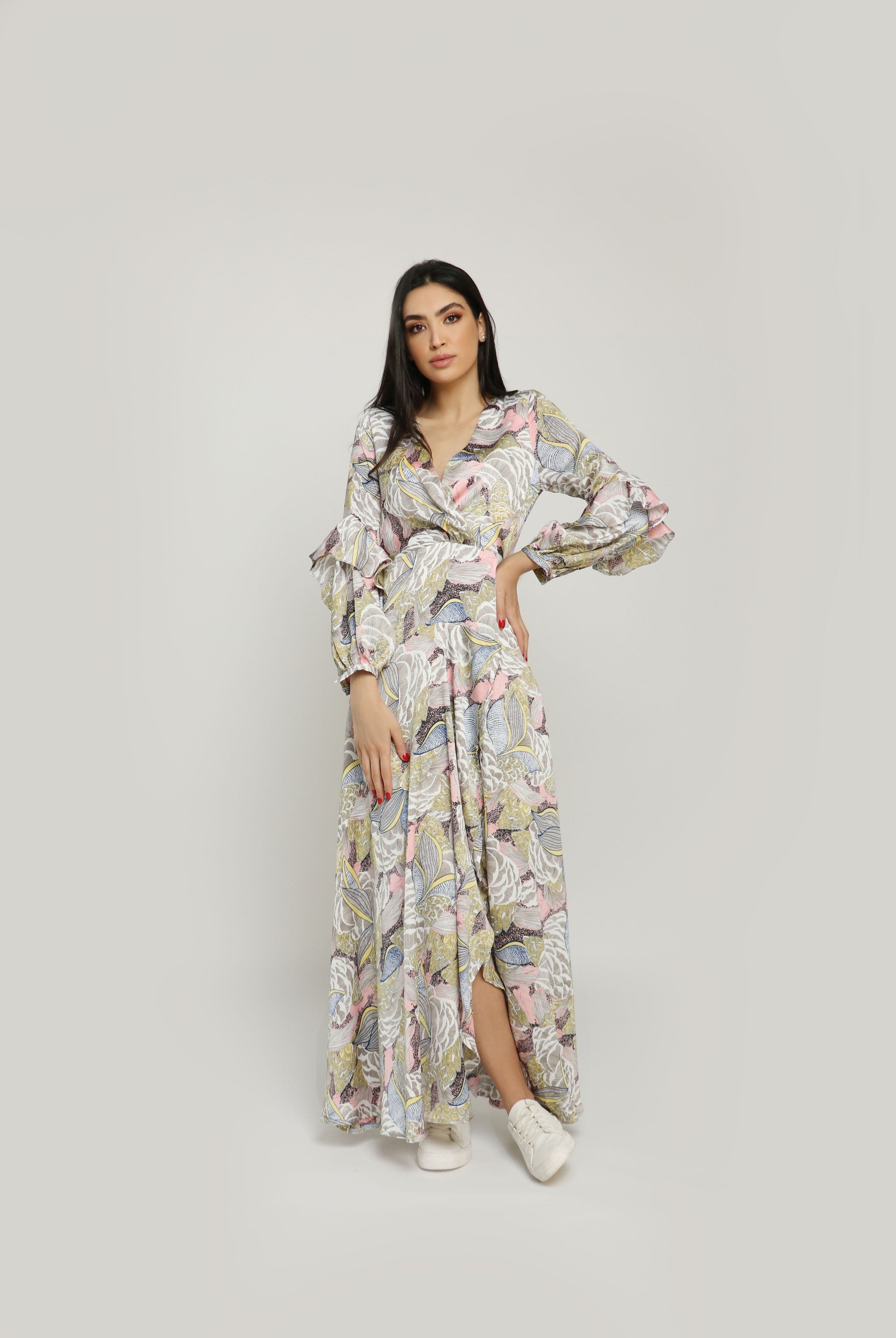 نتشي فستان مورد طويل نسائي مكشكش