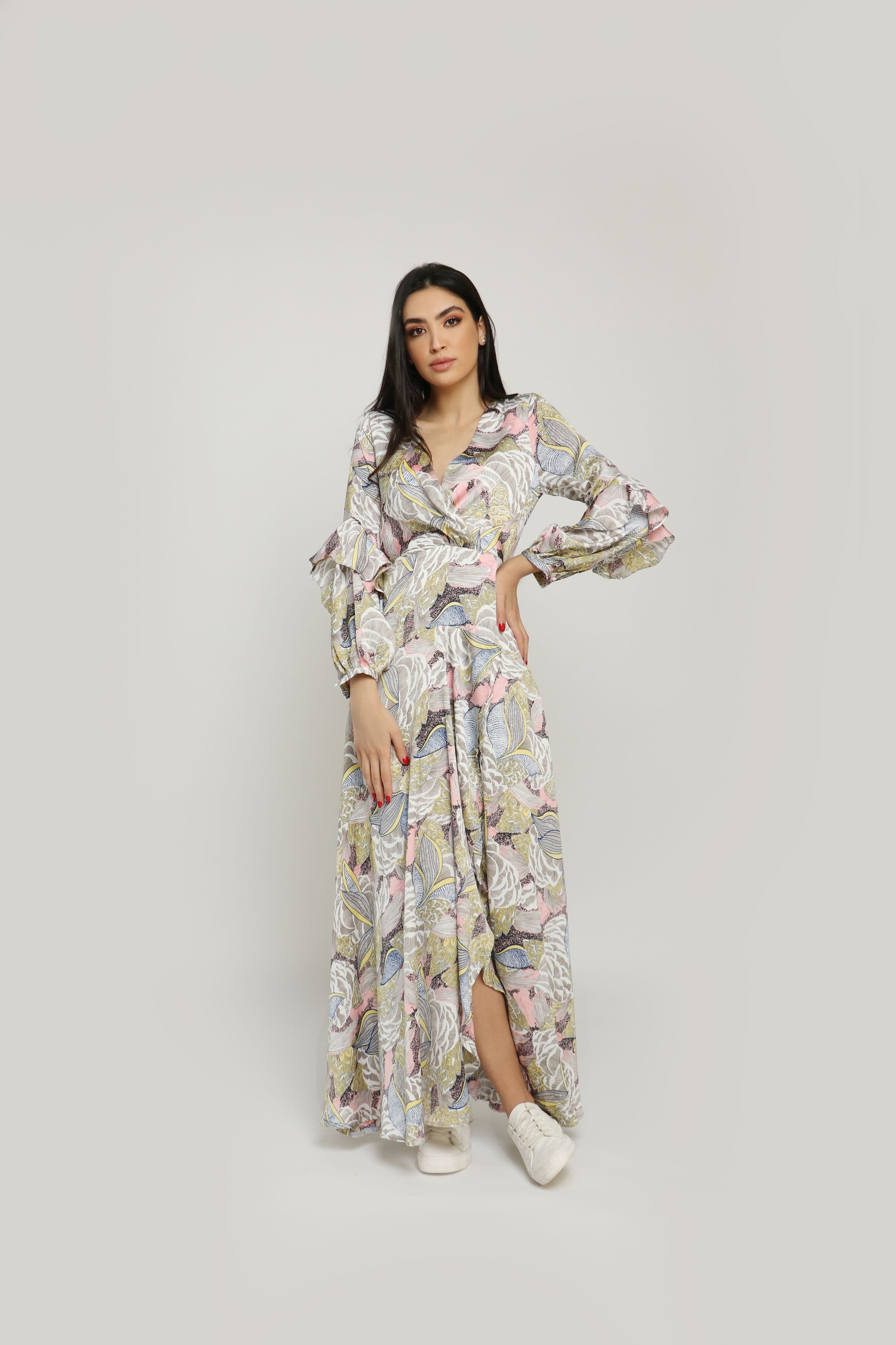 نتشي فستان مورد طويل نسائي مكشكش