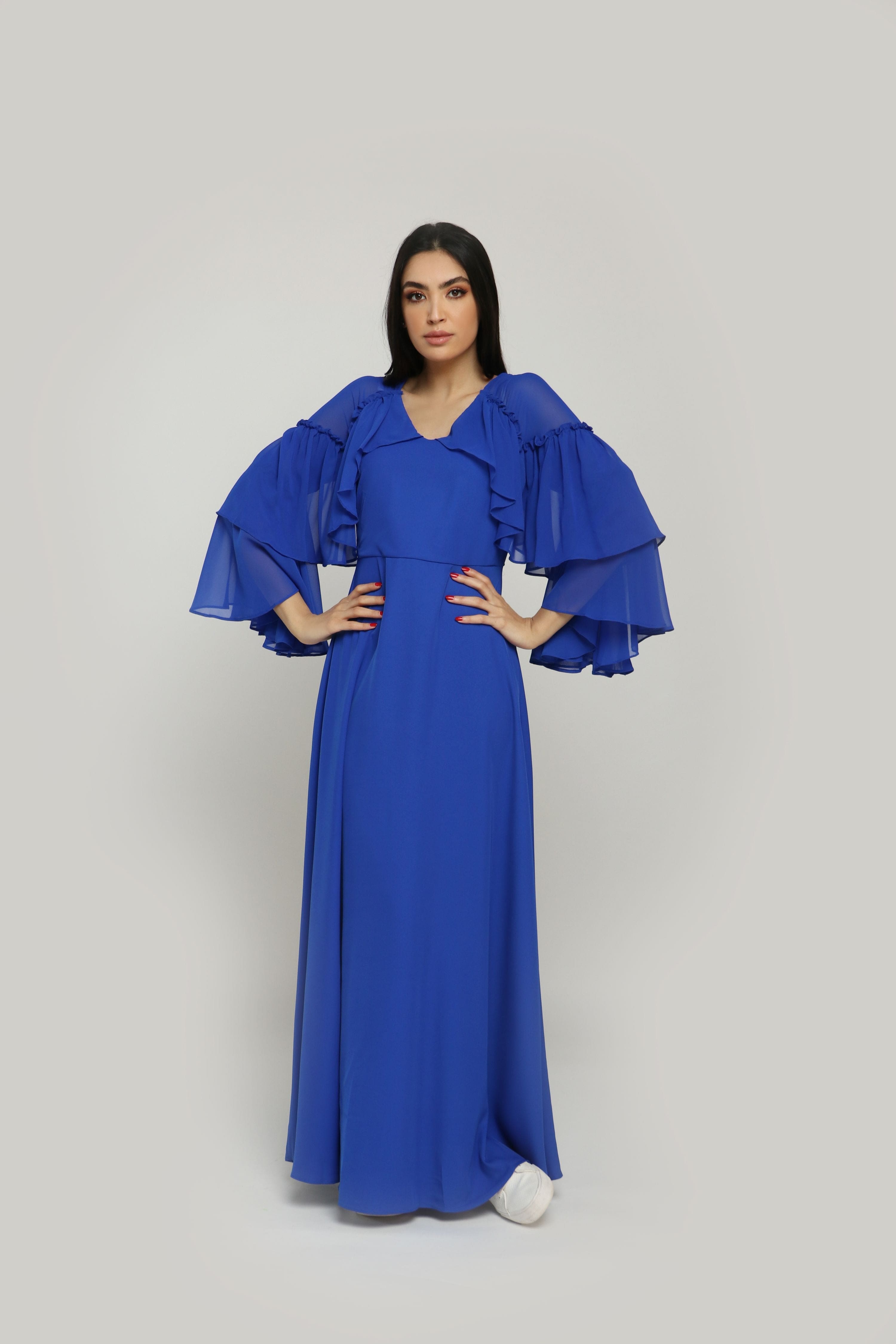 نتشي فستان طويل شيفون وبوليستر سادة كم طويل طبقات