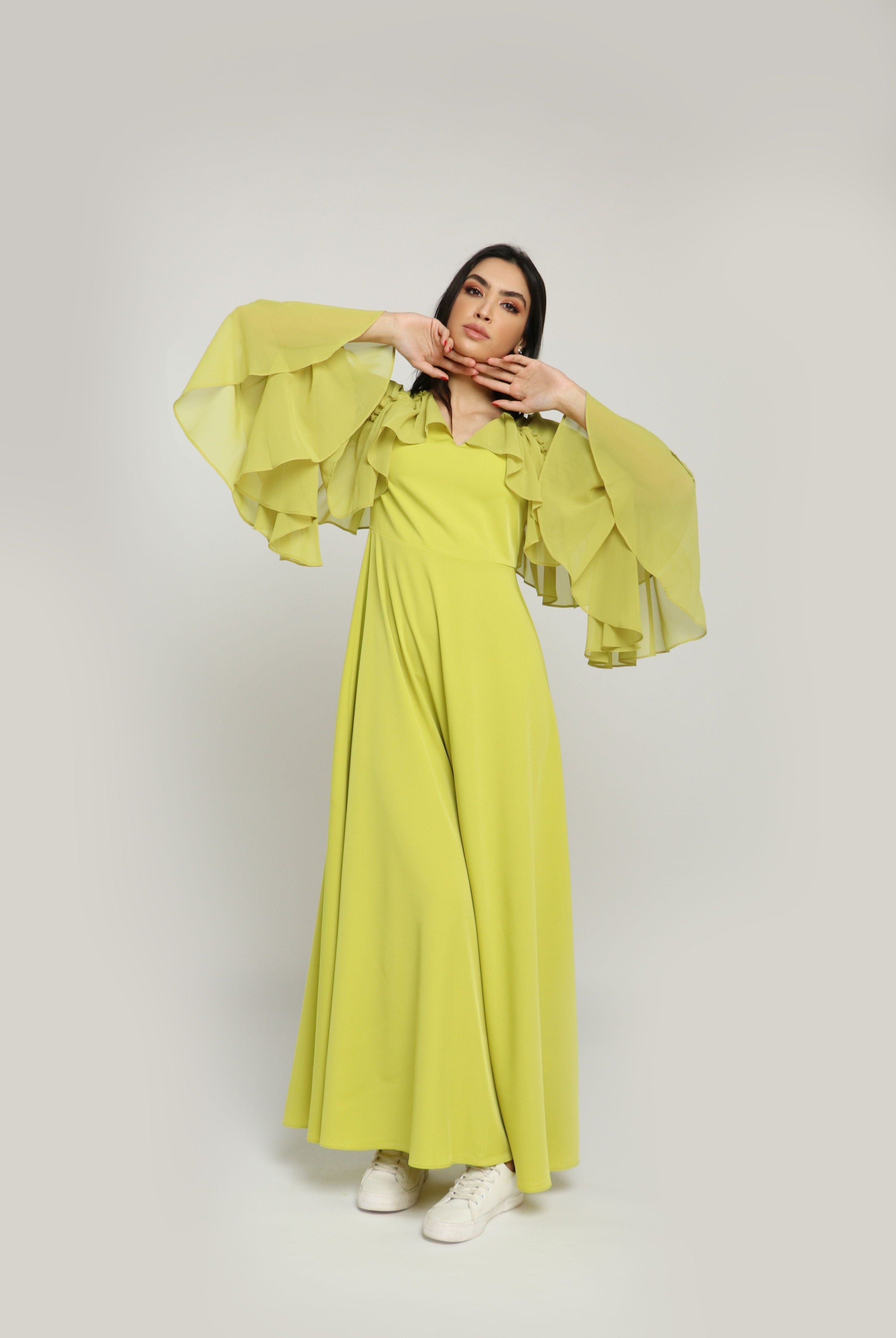 نتشي فستان طويل شيفون وبوليستر سادة كم طويل طبقات