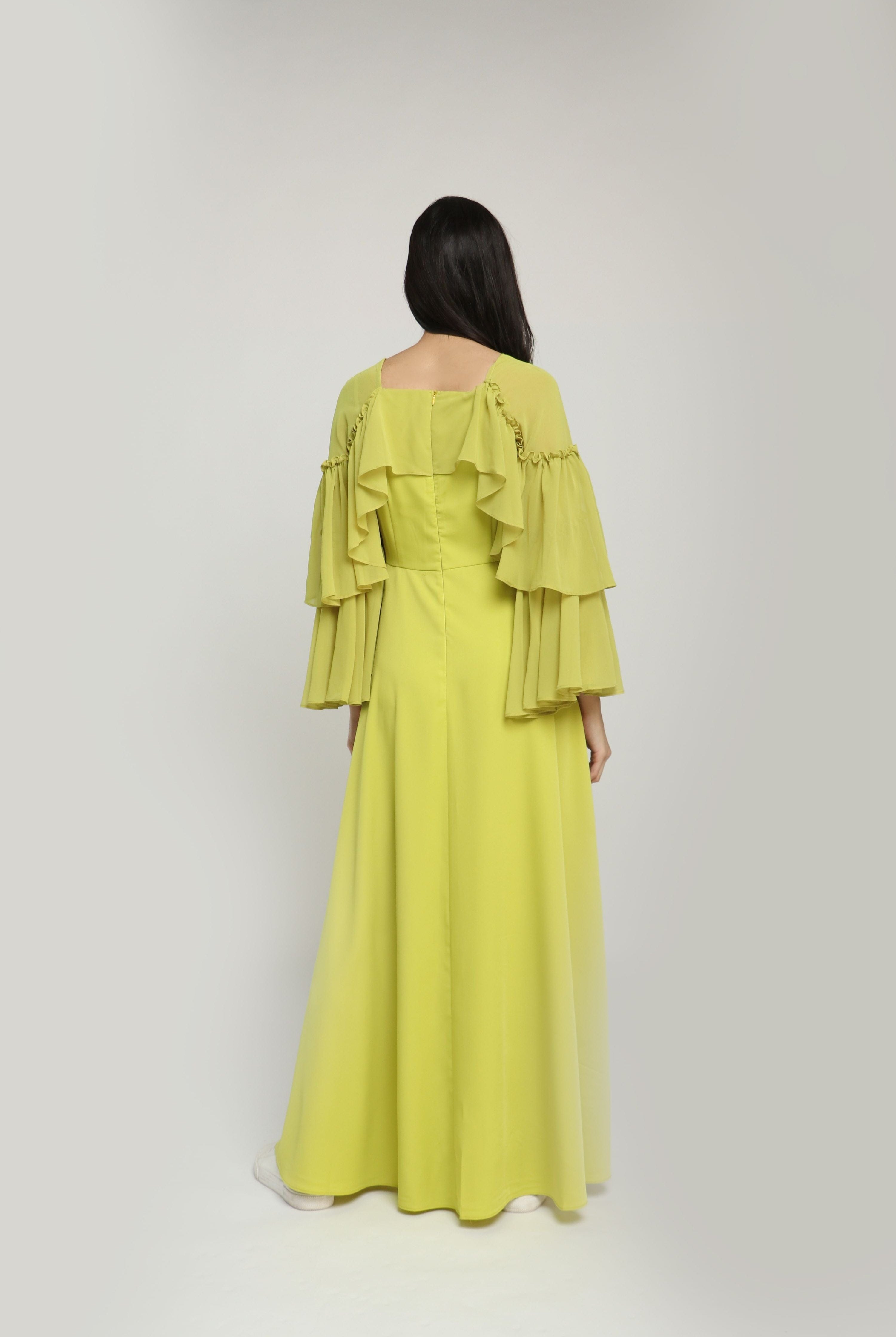 نتشي فستان طويل شيفون وبوليستر سادة كم طويل طبقات