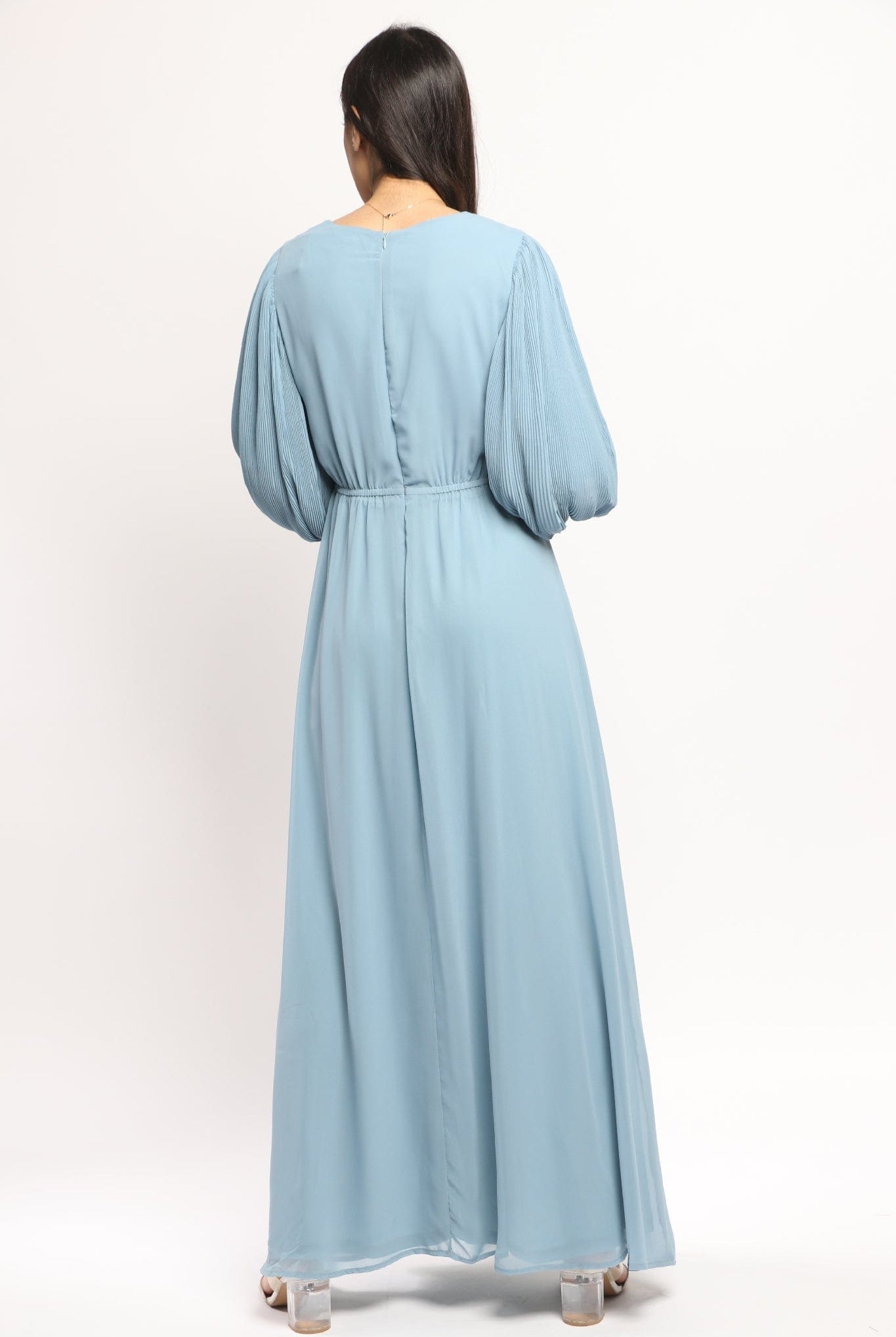 نتشي فستان ماكسي 3/4 كم منفوخة وياقة دائرية