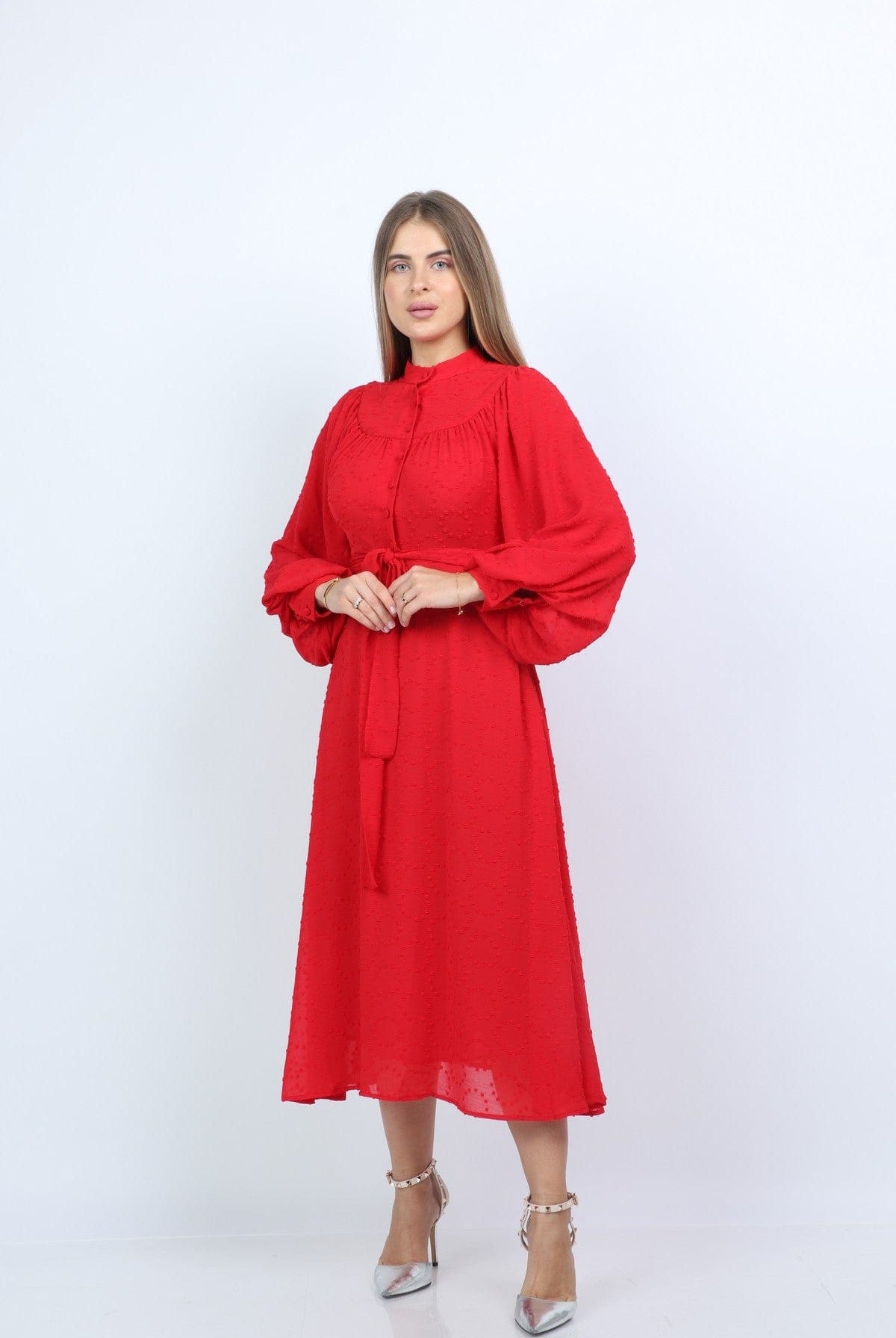 نتشي فستان ميدي كم منفوخ طويلة