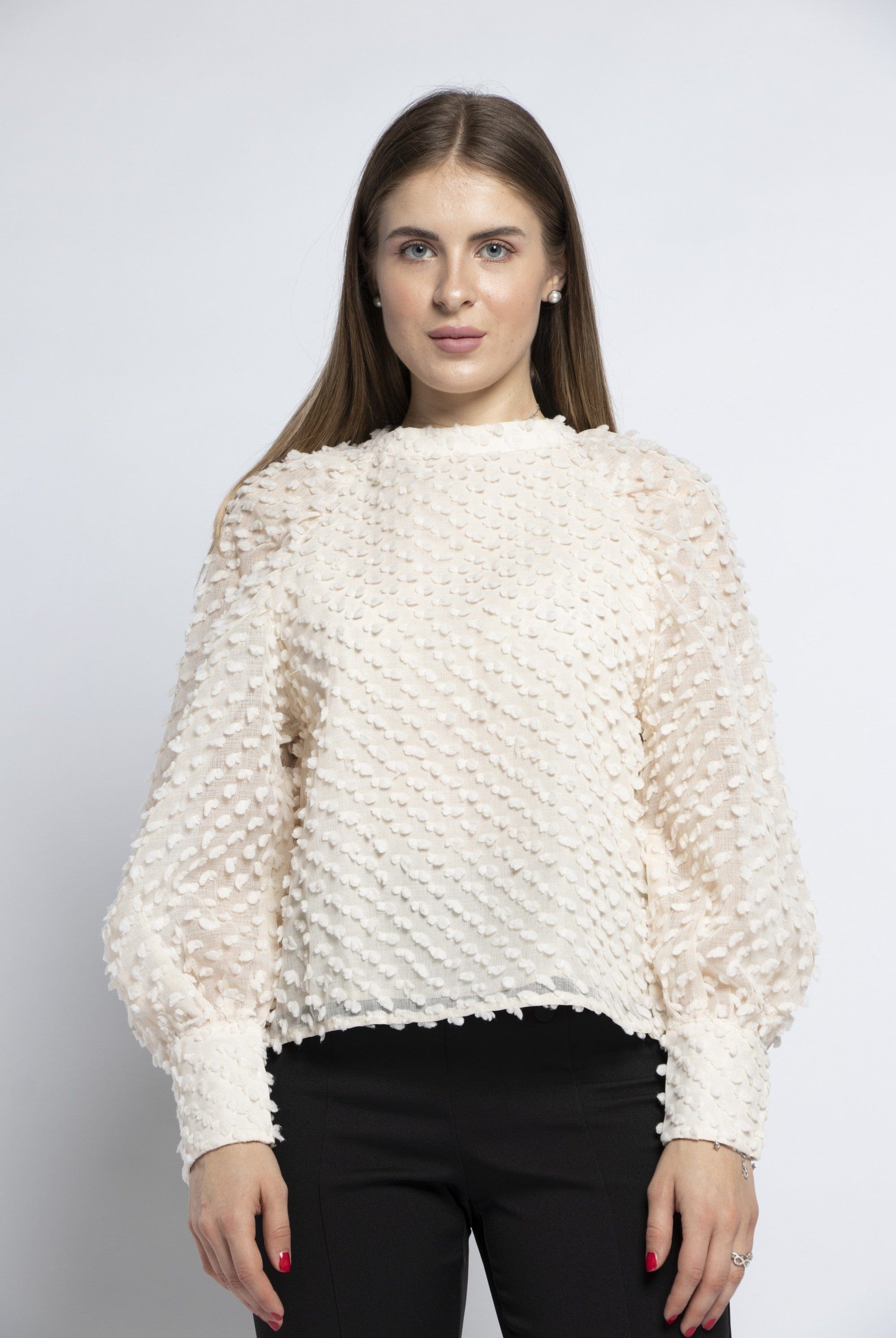 نتشي بلوزة شيفون منقوش كم طويل منفوخ بأساور نسائي