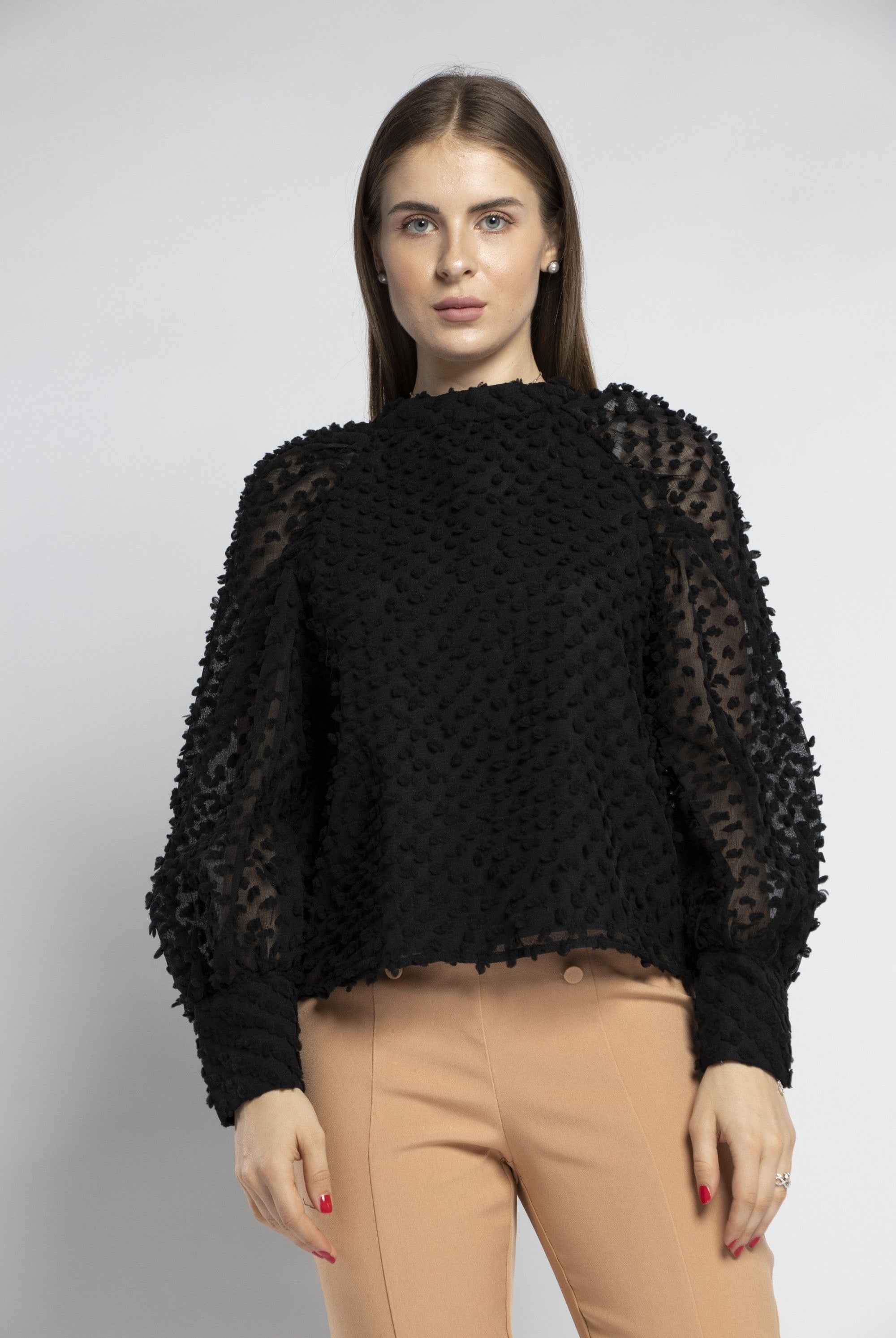 نتشي بلوزة شيفون منقوش كم طويل منفوخ بأساور نسائي