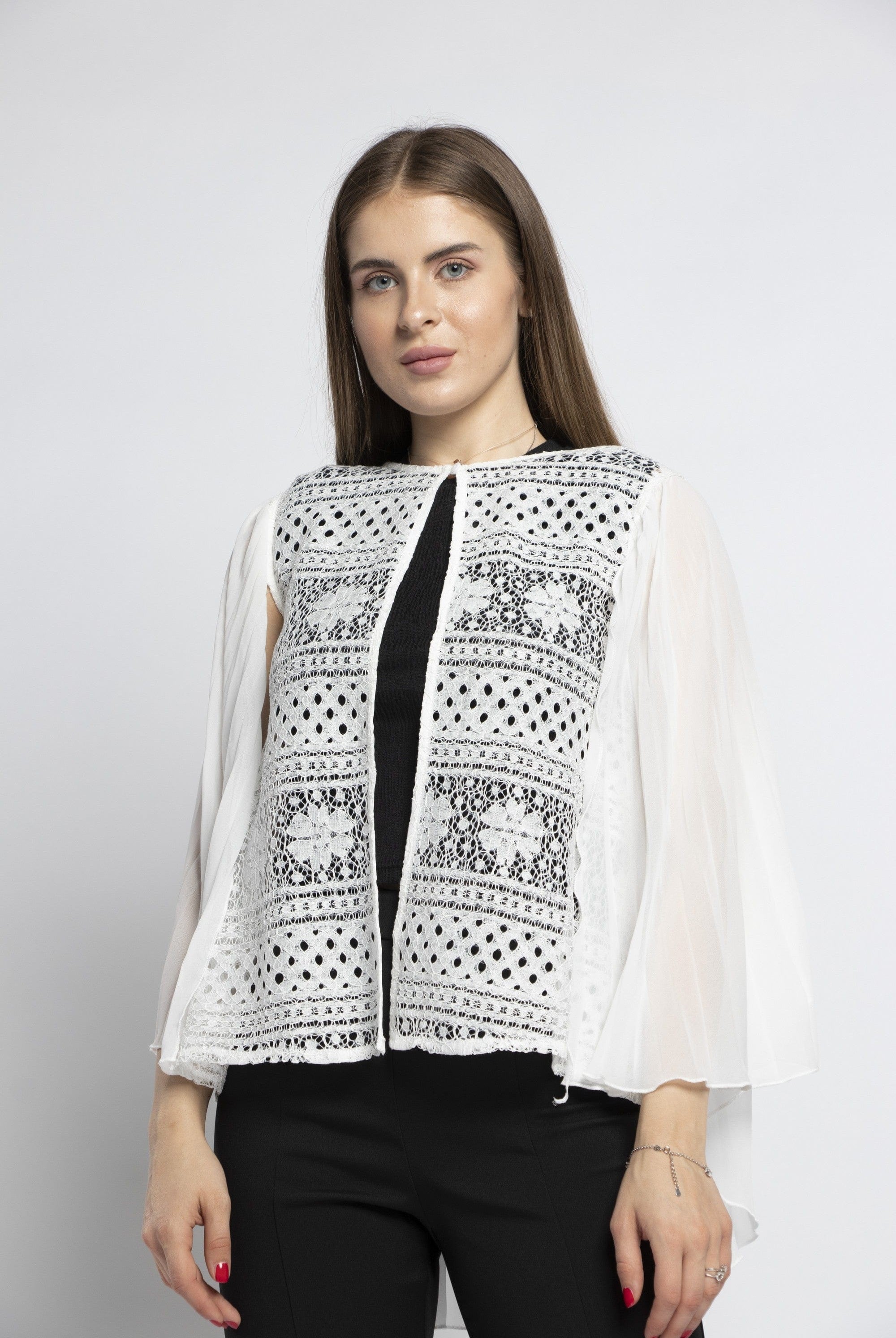 نتشي كارديجان دانتيل كم طويل شيفون واسع نسائي