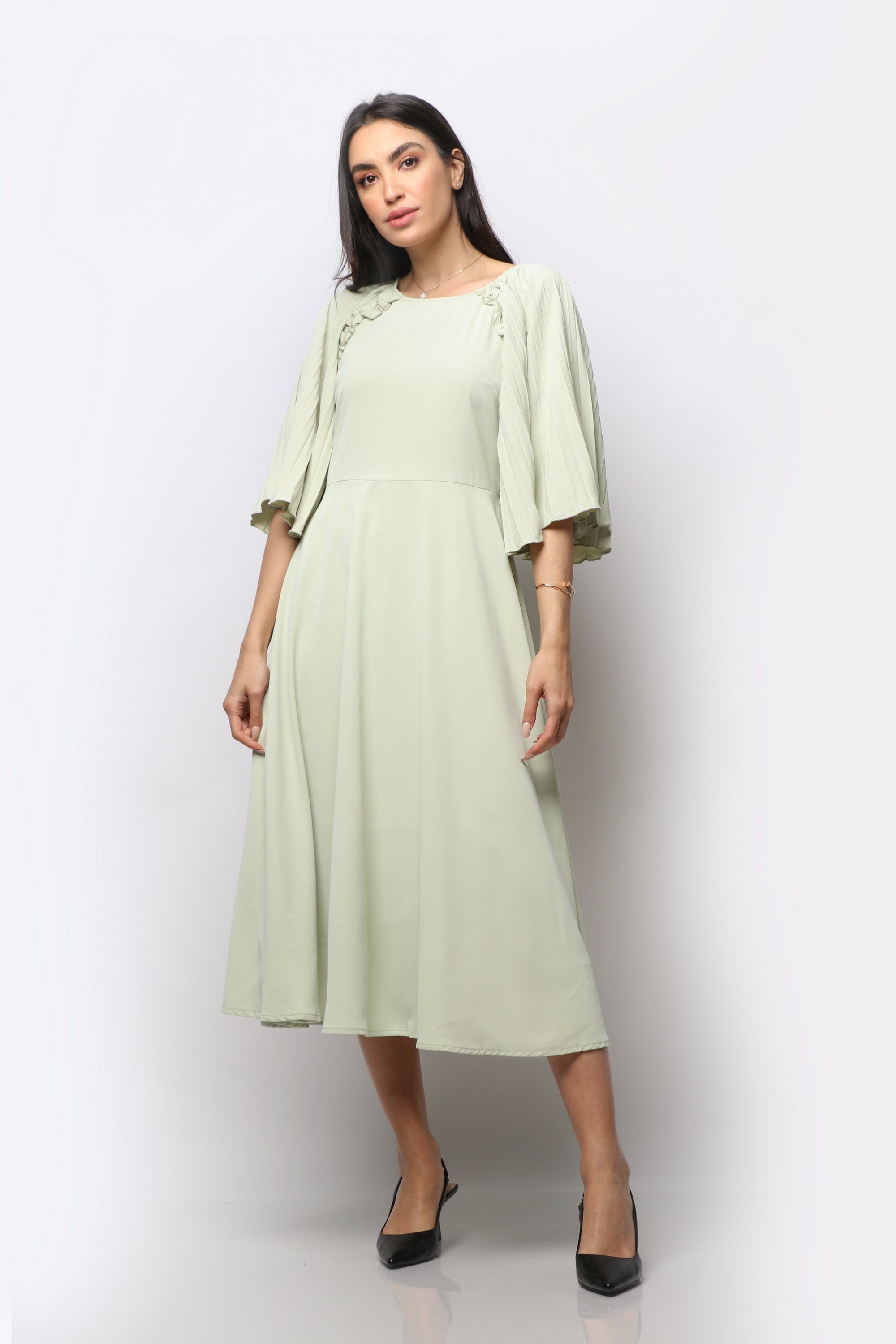 نتشي فستان ميدي كلاسيكي كم متوسط بليسيه