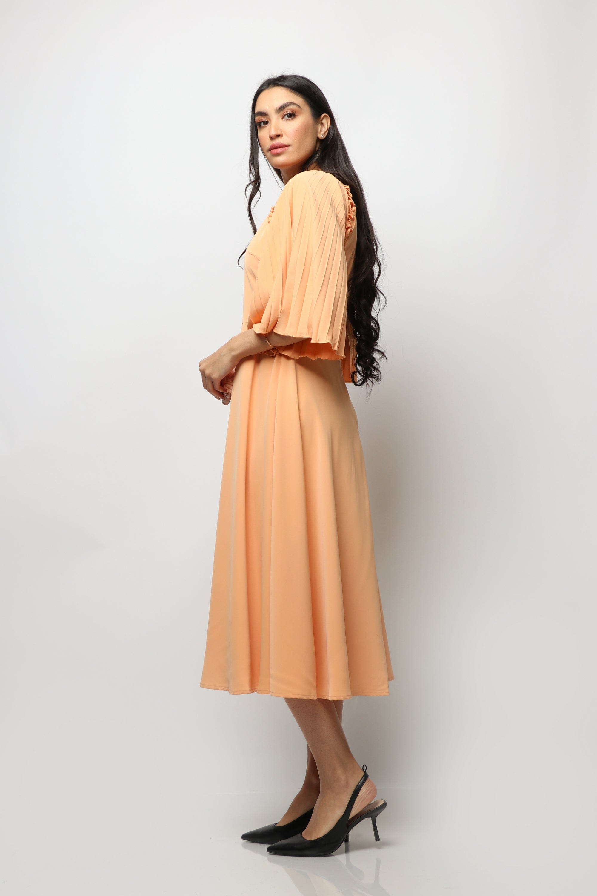 نتشي فستان ميدي كلاسيكي كم متوسط بليسيه