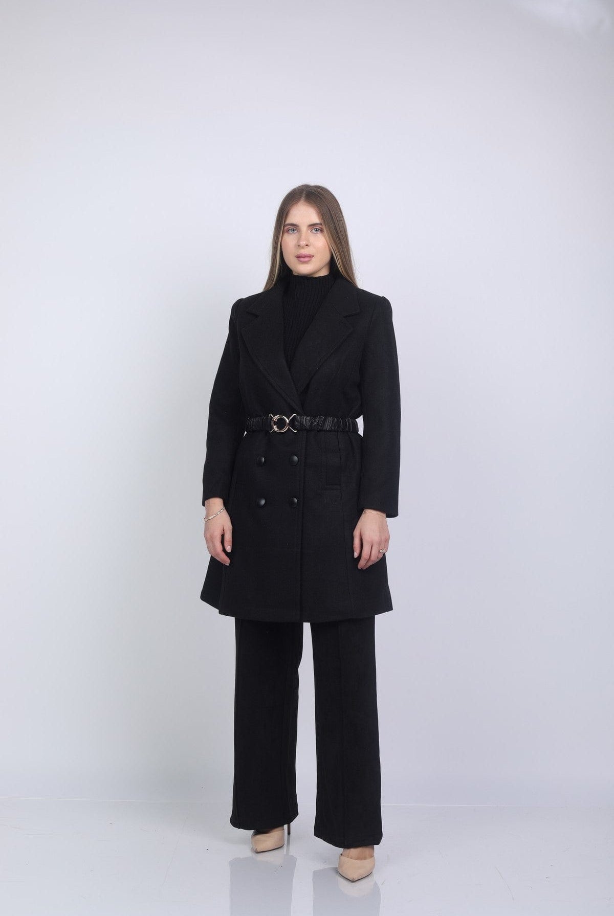 نتشي سترة طويلة بأزرار وحزام على الخصر كم طويل نسائي