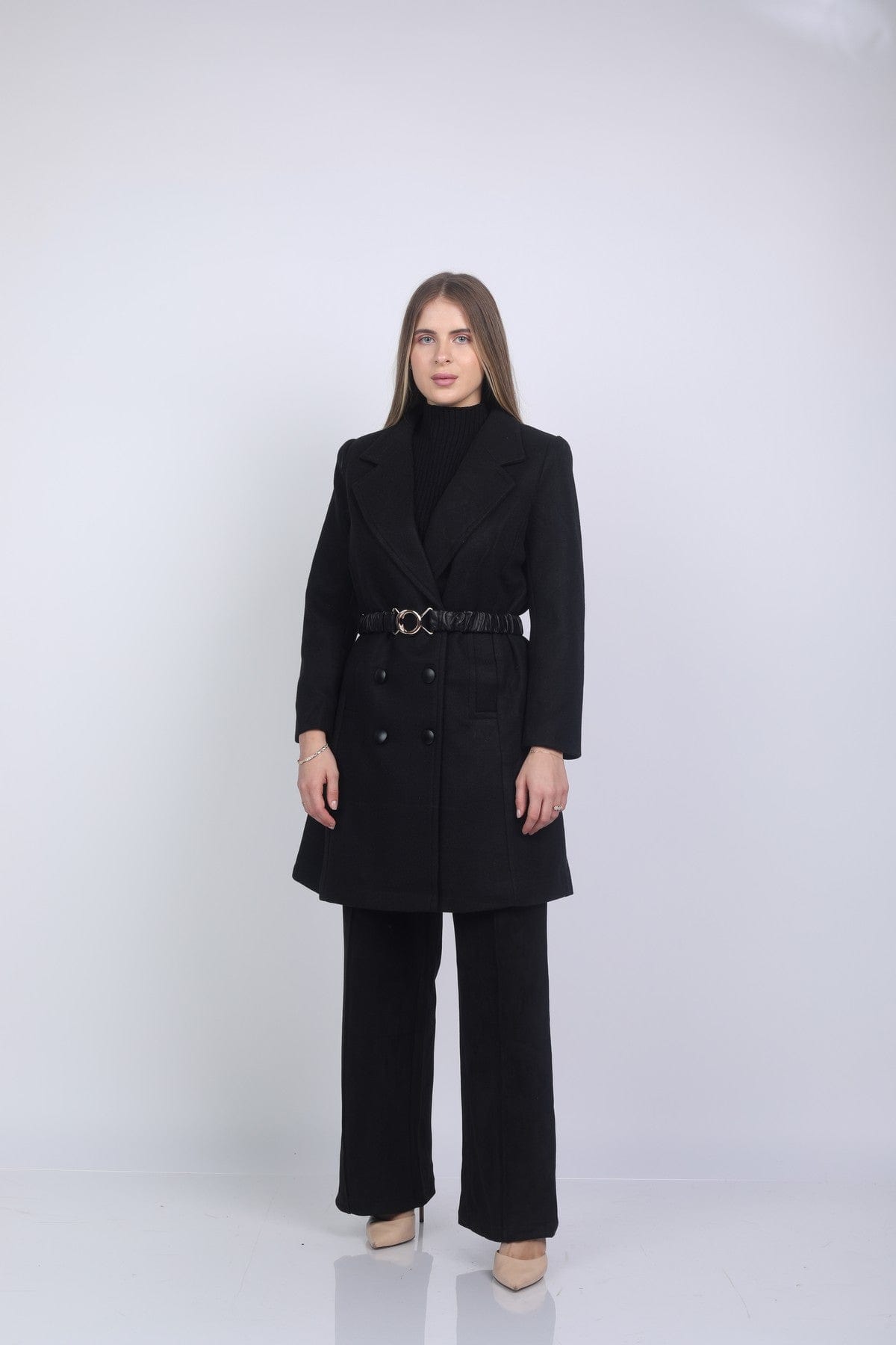 نتشي سترة طويلة بأزرار وحزام على الخصر كم طويل نسائي