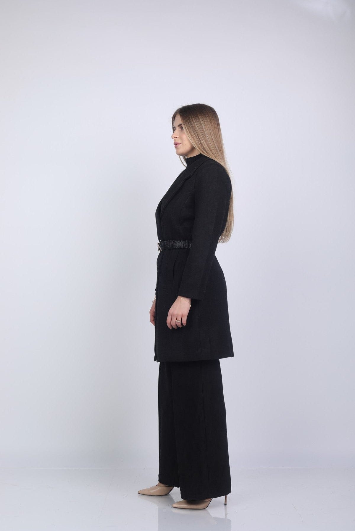 نتشي سترة طويلة بأزرار وحزام على الخصر كم طويل نسائي