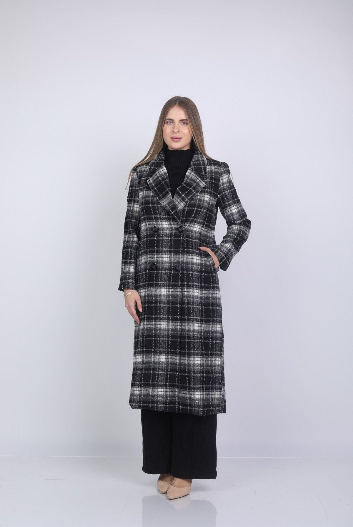 نتشي معطف كاروهات طويل بأزرار أمامية كم طويل نسائي