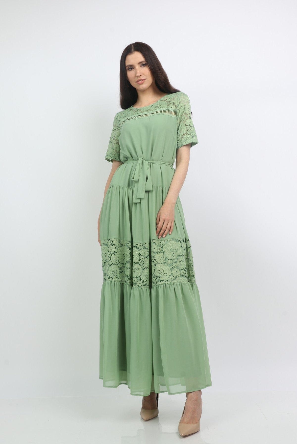 نتشي فستان طويل برباط امامي مزين بدانتيل كم قصير