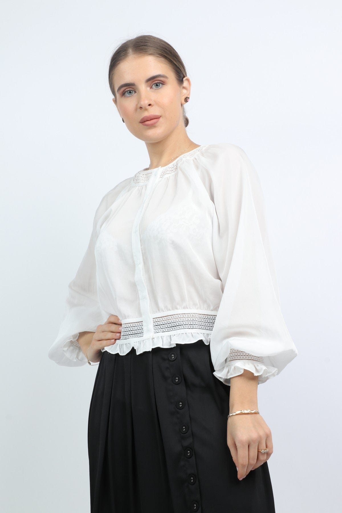 نتشي بلوزة رسمية واسعة كم طويل بأساور مكشكشة نسائي