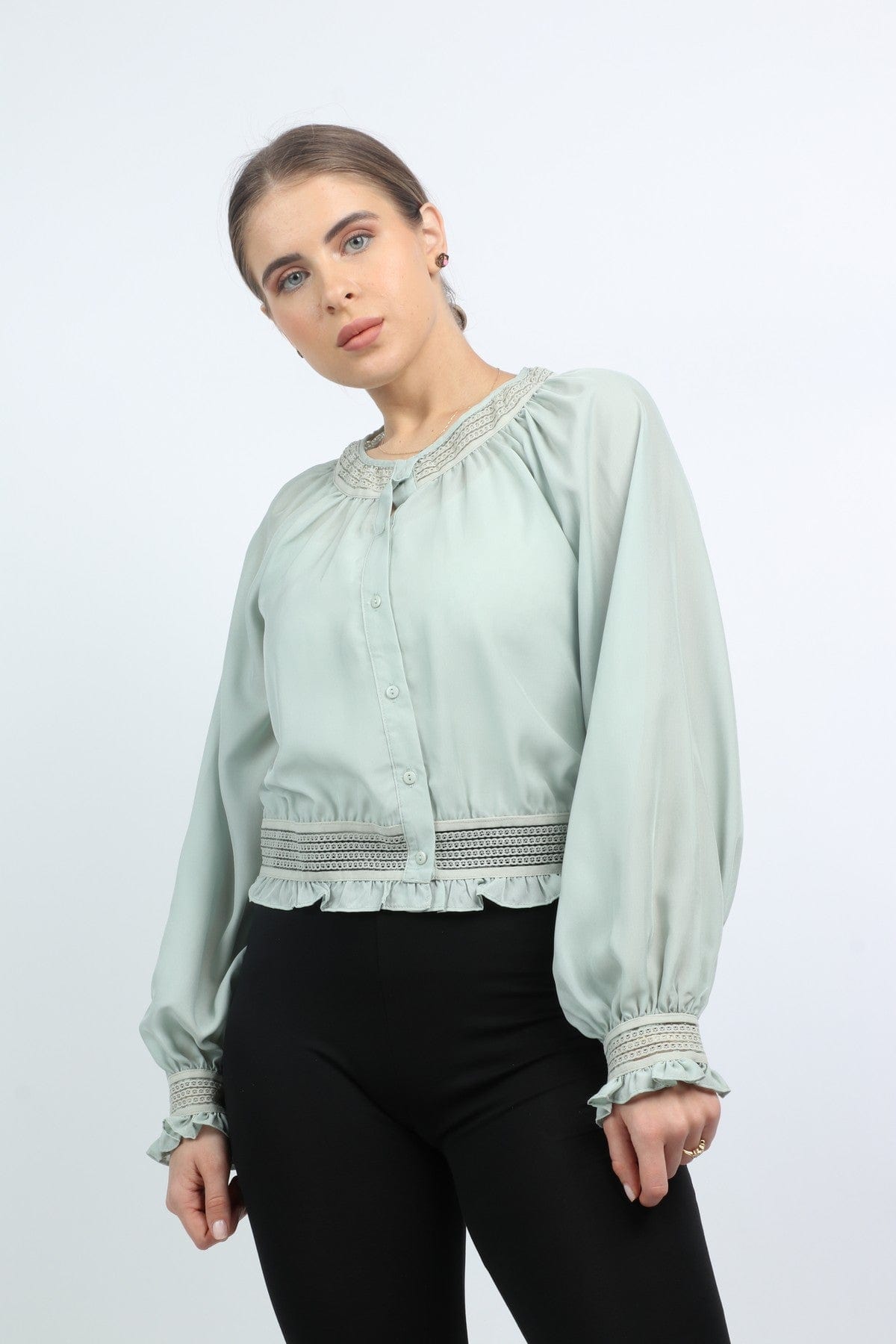 نتشي بلوزة رسمية واسعة كم طويل بأساور مكشكشة نسائي