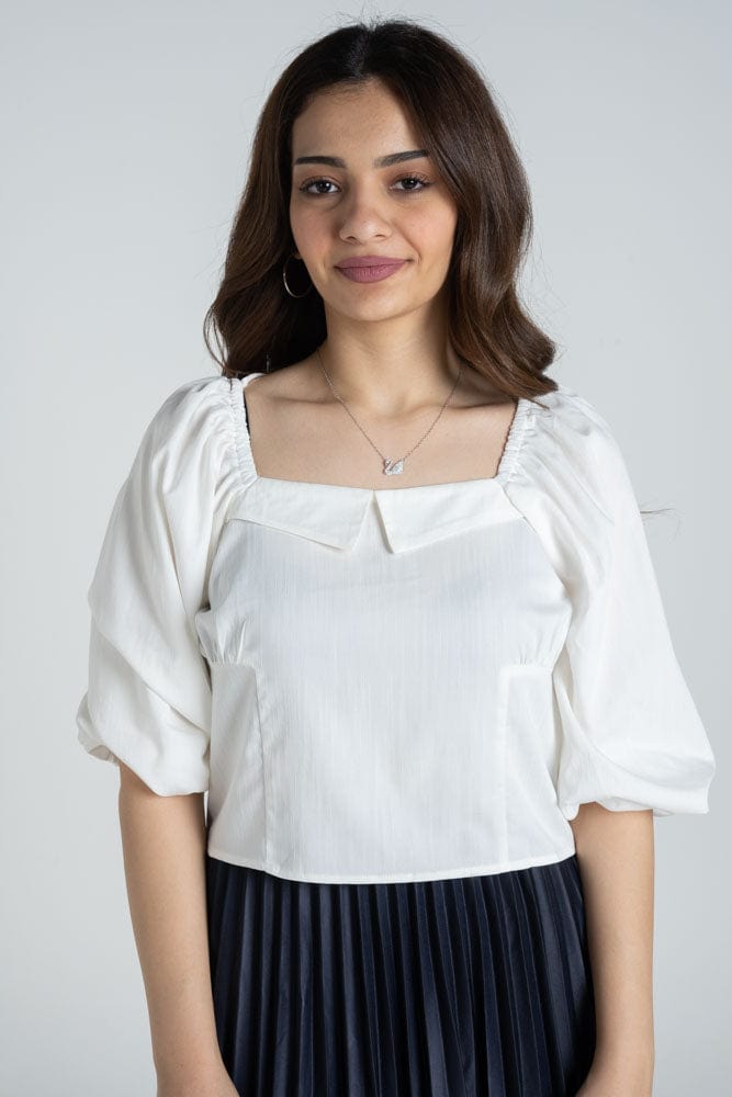 نتشي بلوزة كلاسيك ياقة مربعة أكمام منفوخة نص كم نسائي