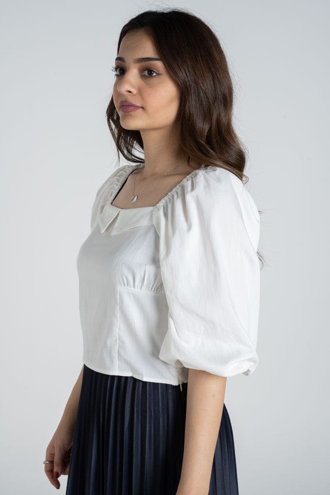 نتشي بلوزة كلاسيك ياقة مربعة أكمام منفوخة نص كم نسائي