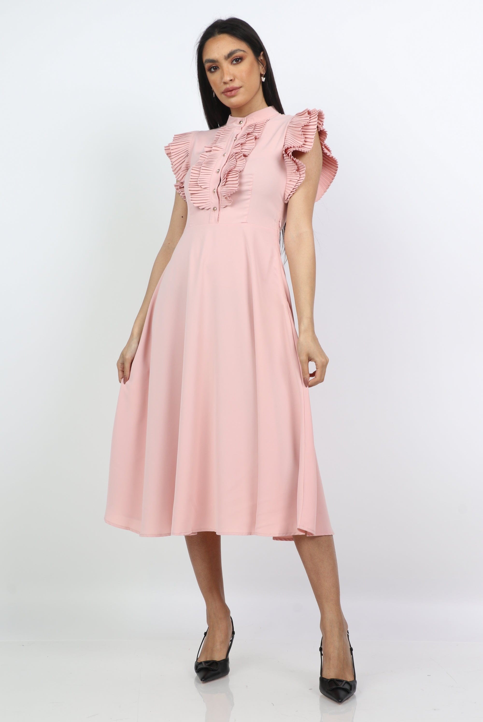 نتشي فستان ميدي مجسم بكم قصير