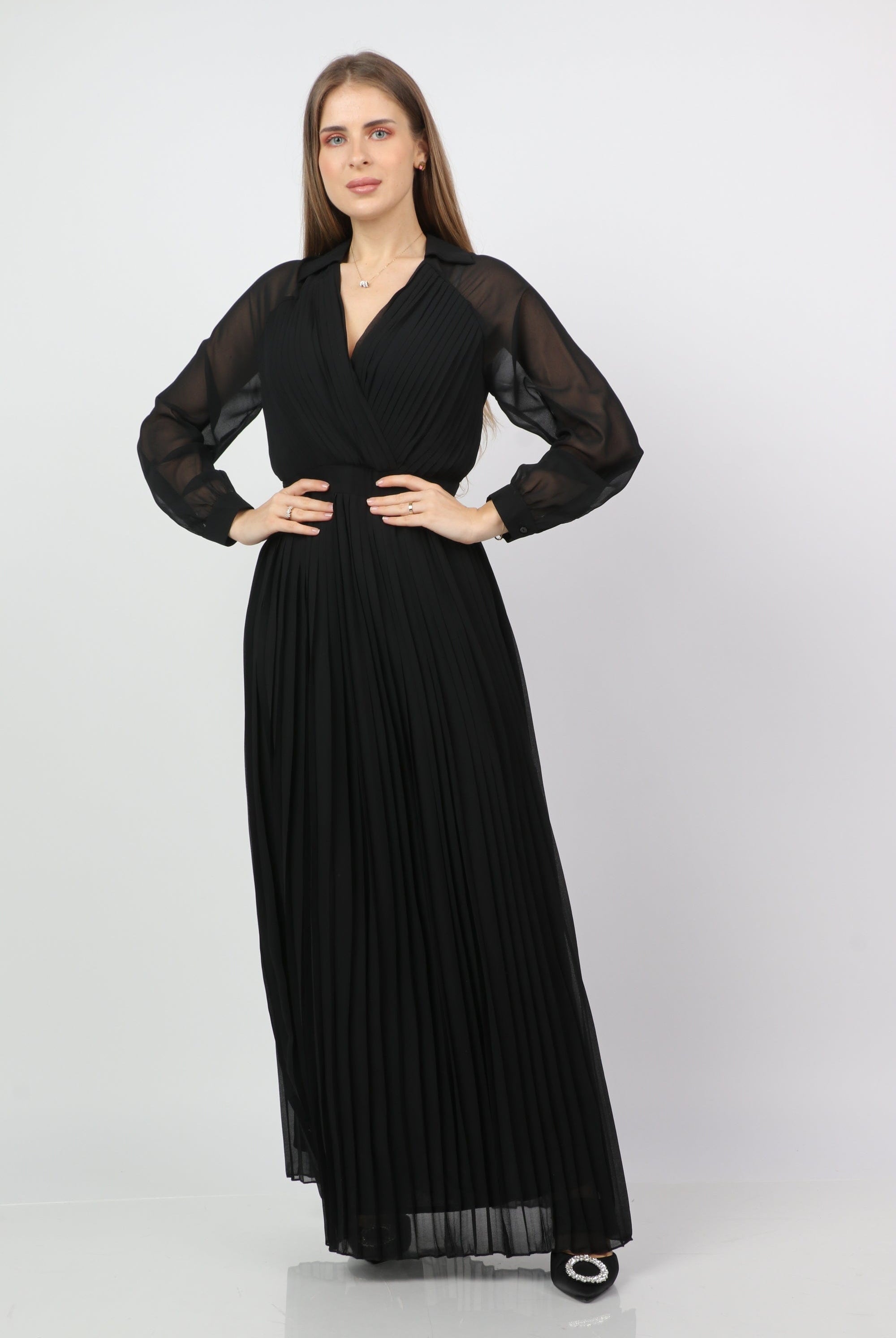 نتشي فستان طويل بيليسيه بفتحة سبعة بأكمام شيفون طويلة