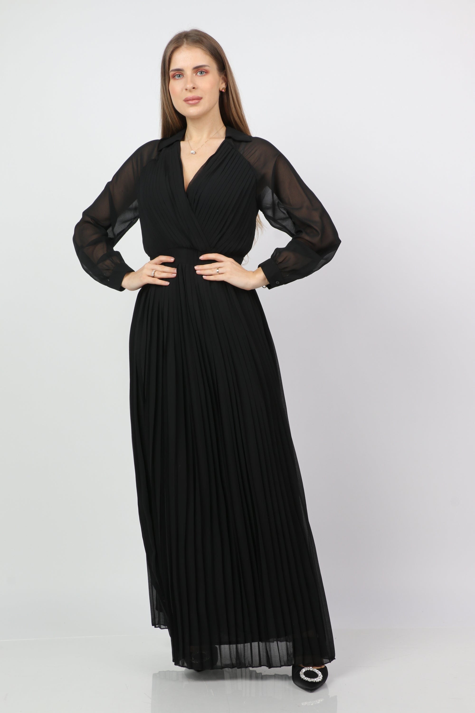 نتشي فستان طويل بيليسيه بفتحة سبعة بأكمام شيفون طويلة