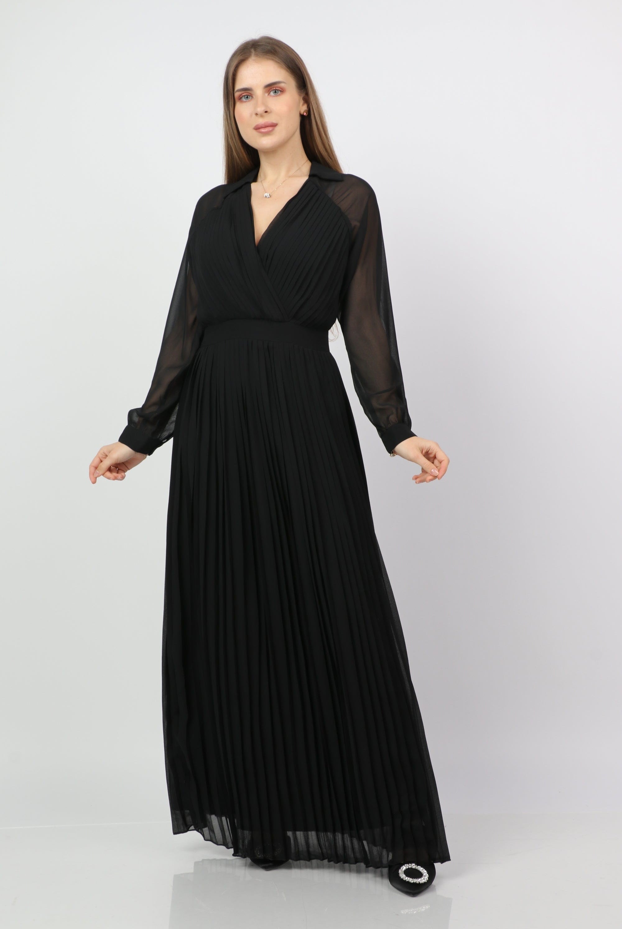 نتشي فستان طويل بيليسيه بفتحة سبعة بأكمام شيفون طويلة