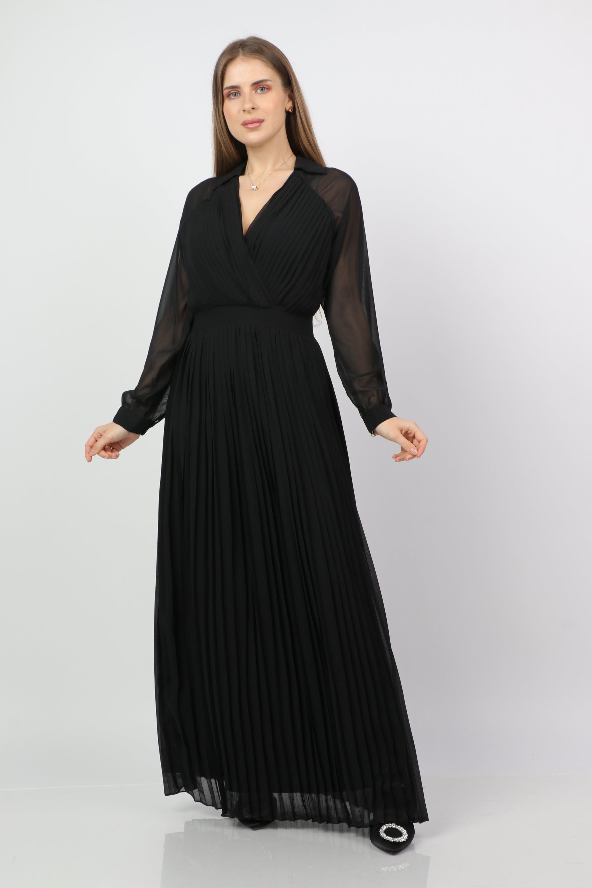 نتشي فستان طويل بيليسيه بفتحة سبعة بأكمام شيفون طويلة