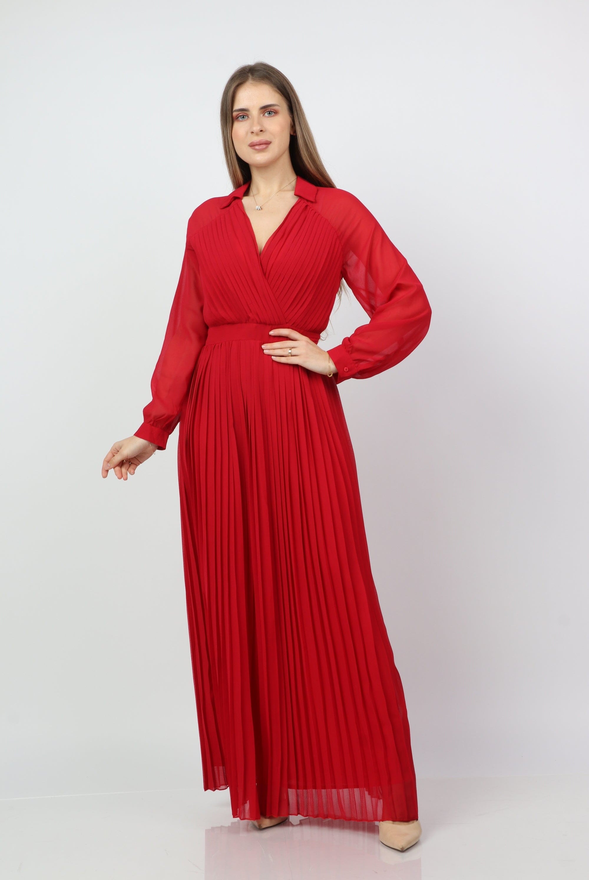 نتشي فستان طويل بيليسيه بفتحة سبعة بأكمام شيفون طويلة