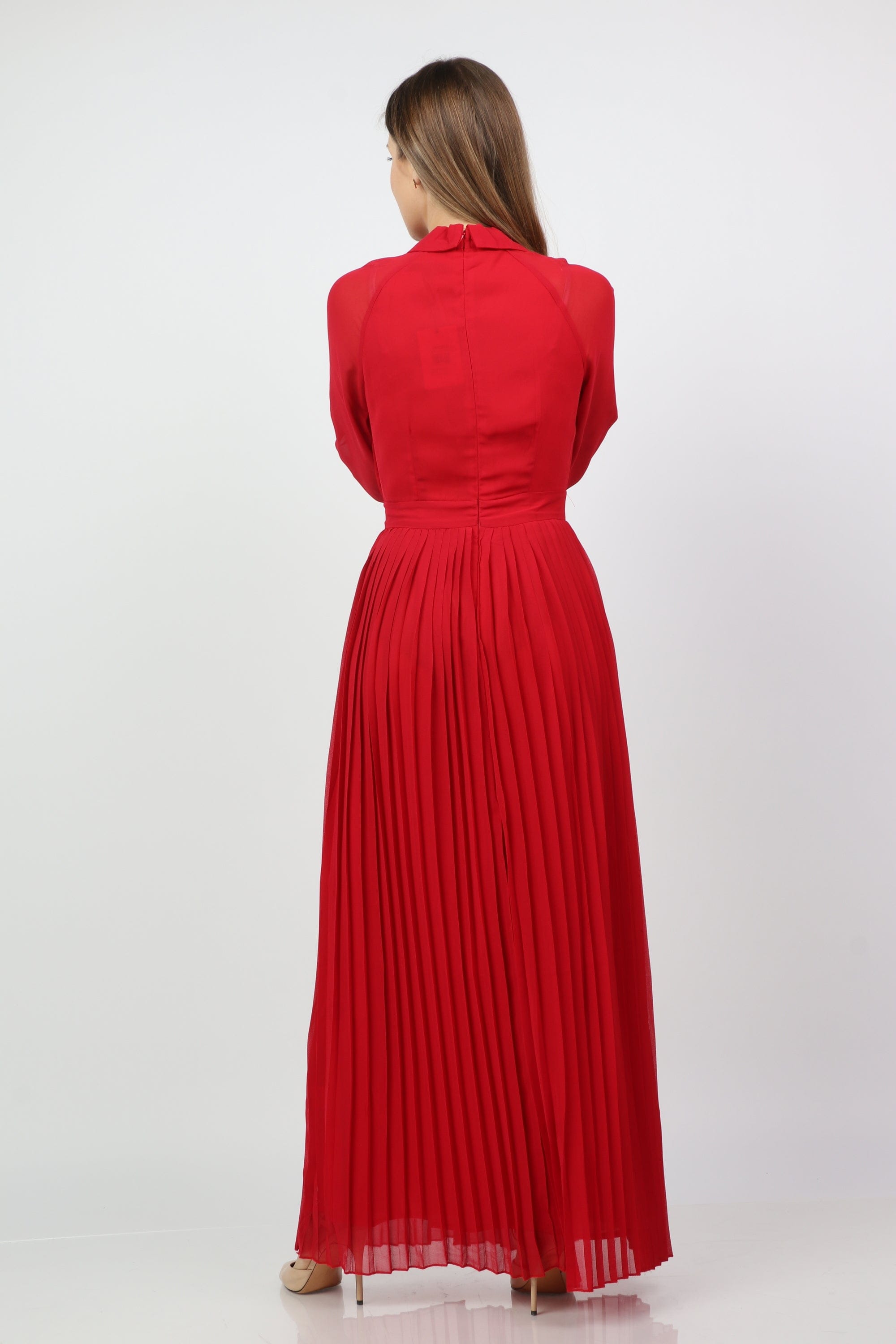 نتشي فستان طويل بيليسيه بفتحة سبعة بأكمام شيفون طويلة