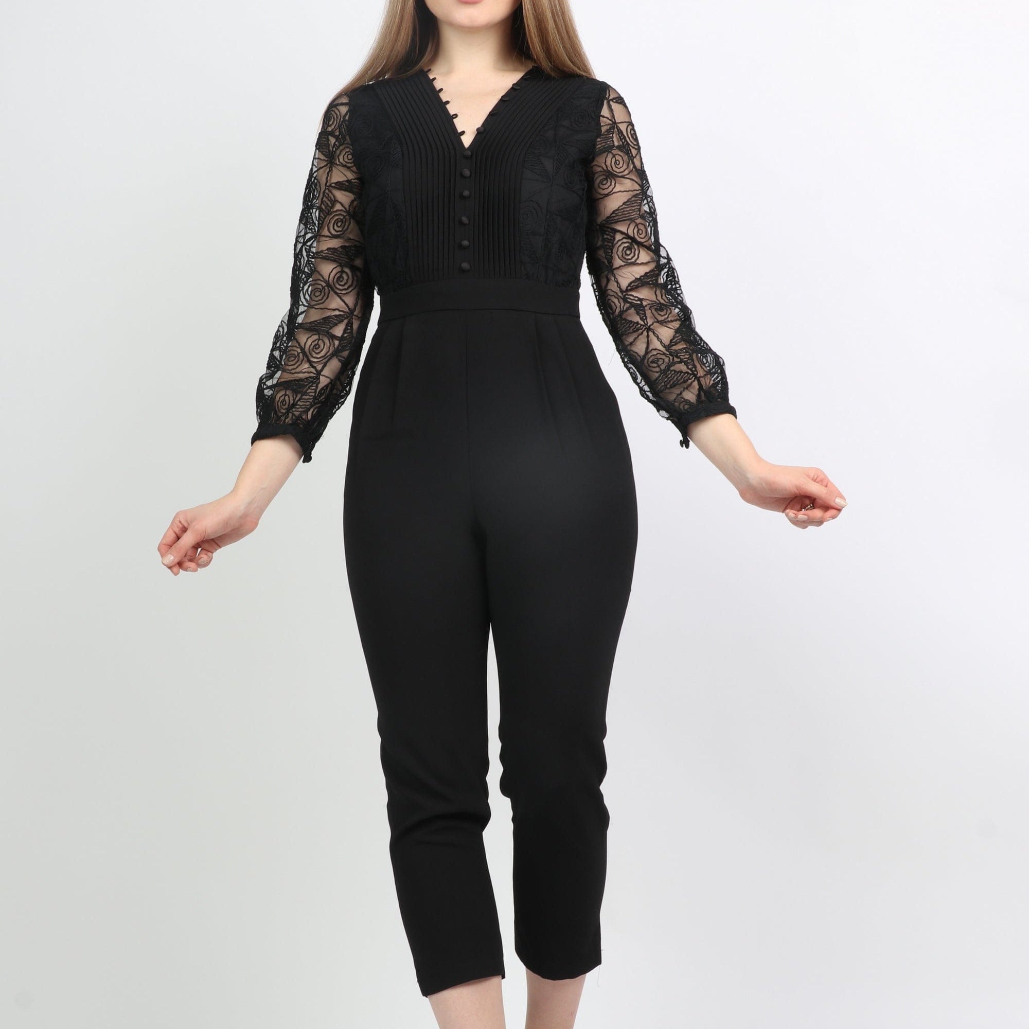 نتشي جمبسوت رسمي بأكمام دانتيل مع زراير أمامية طويل نسائي أسود