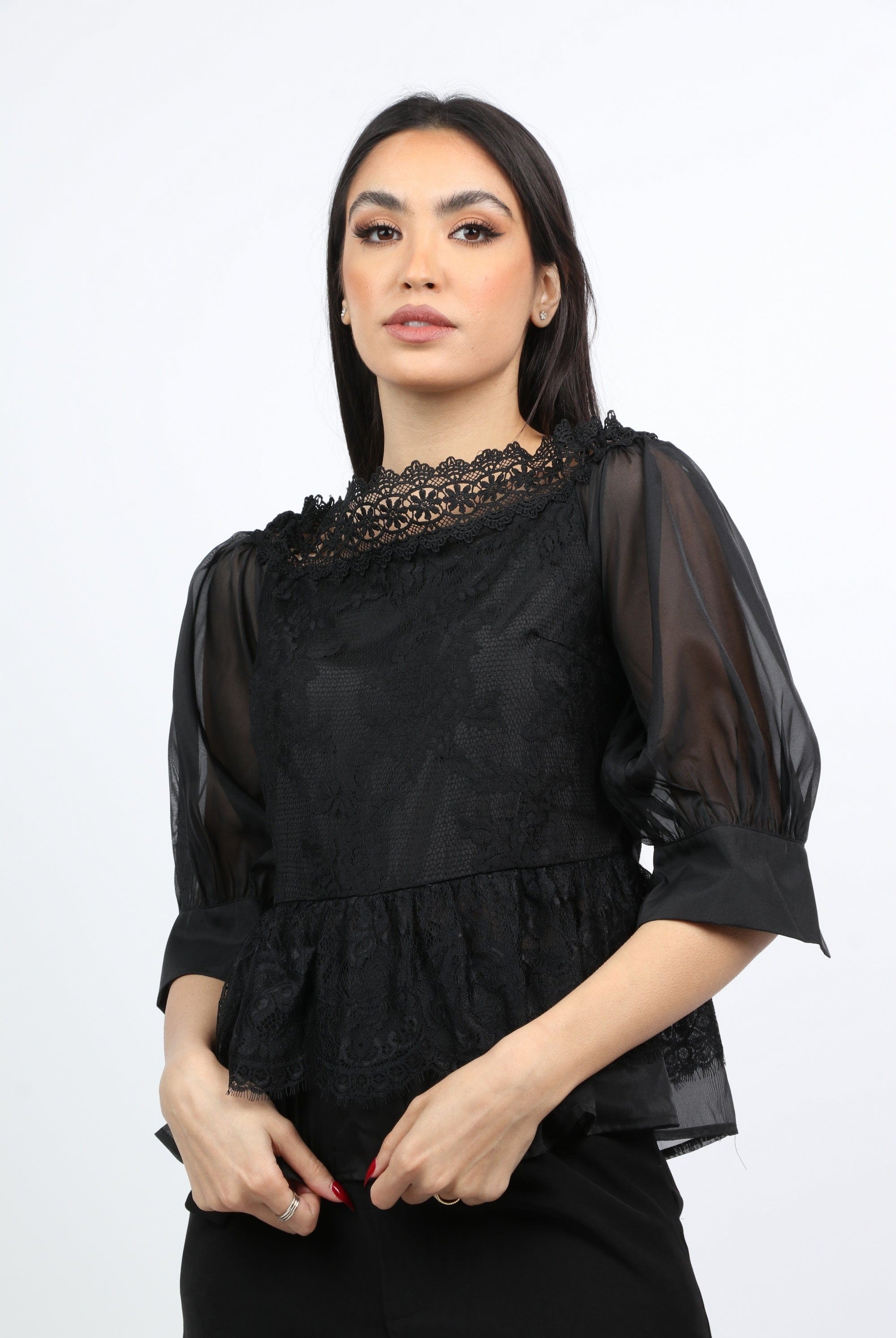 نتشي بلوزة سهرة دانتيل 3/4 كم شيفون نسائي أسود