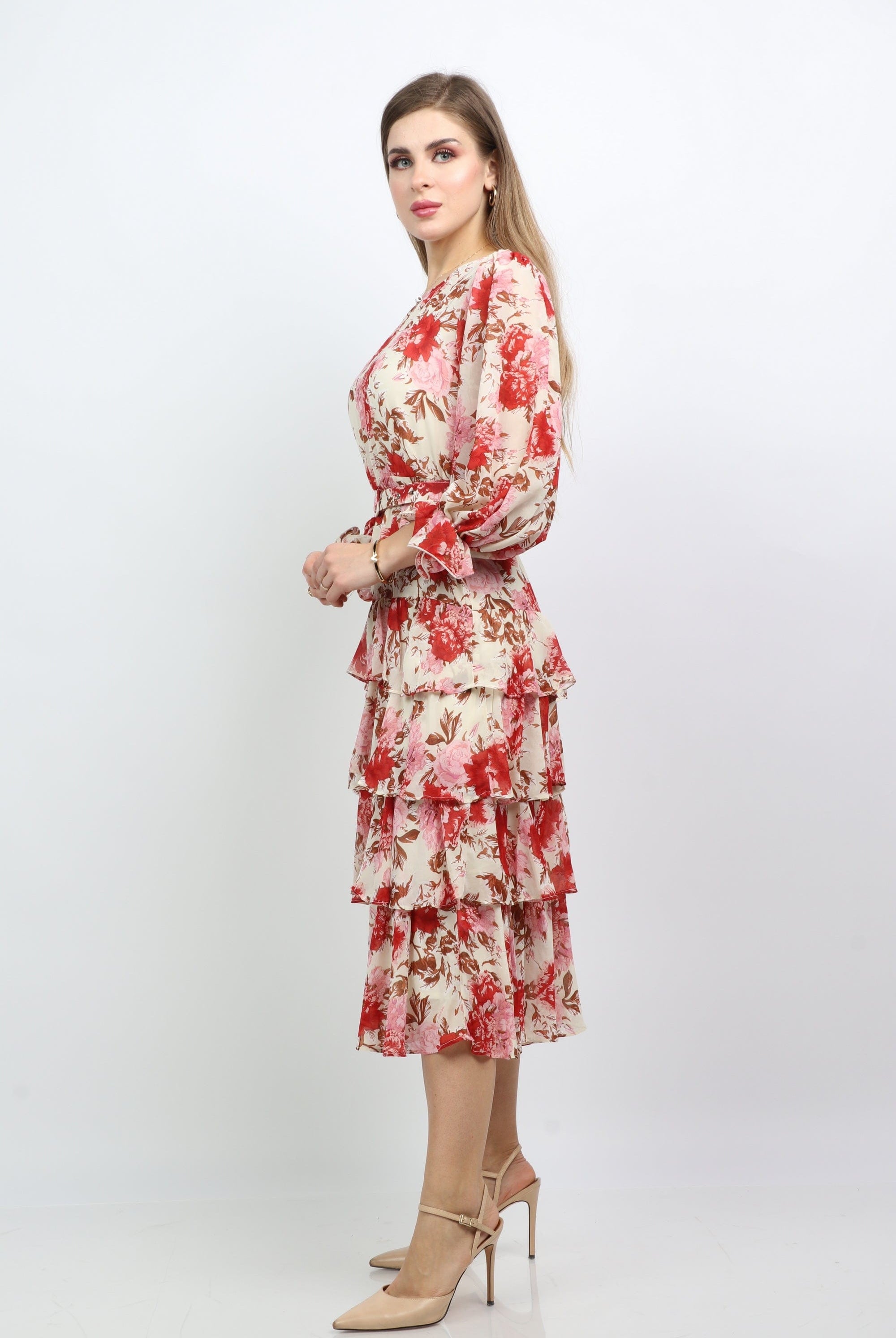 نتشي فستان ميدي شيفون منفوش طبقات نمط ورد بأكمام طويلة