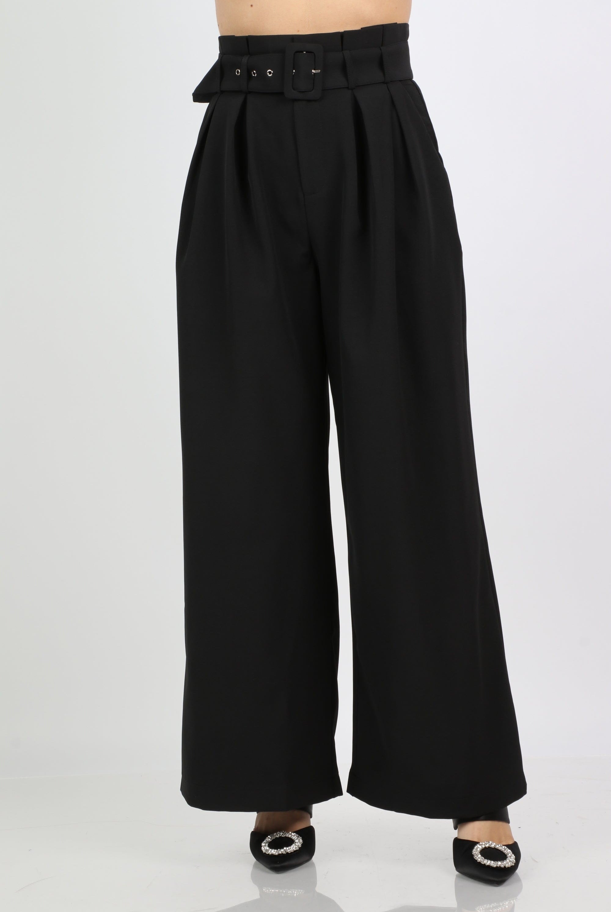 نتشي بنطلون كلاسيك كلوش من الوسط مع حزام واسع طويل نسائي