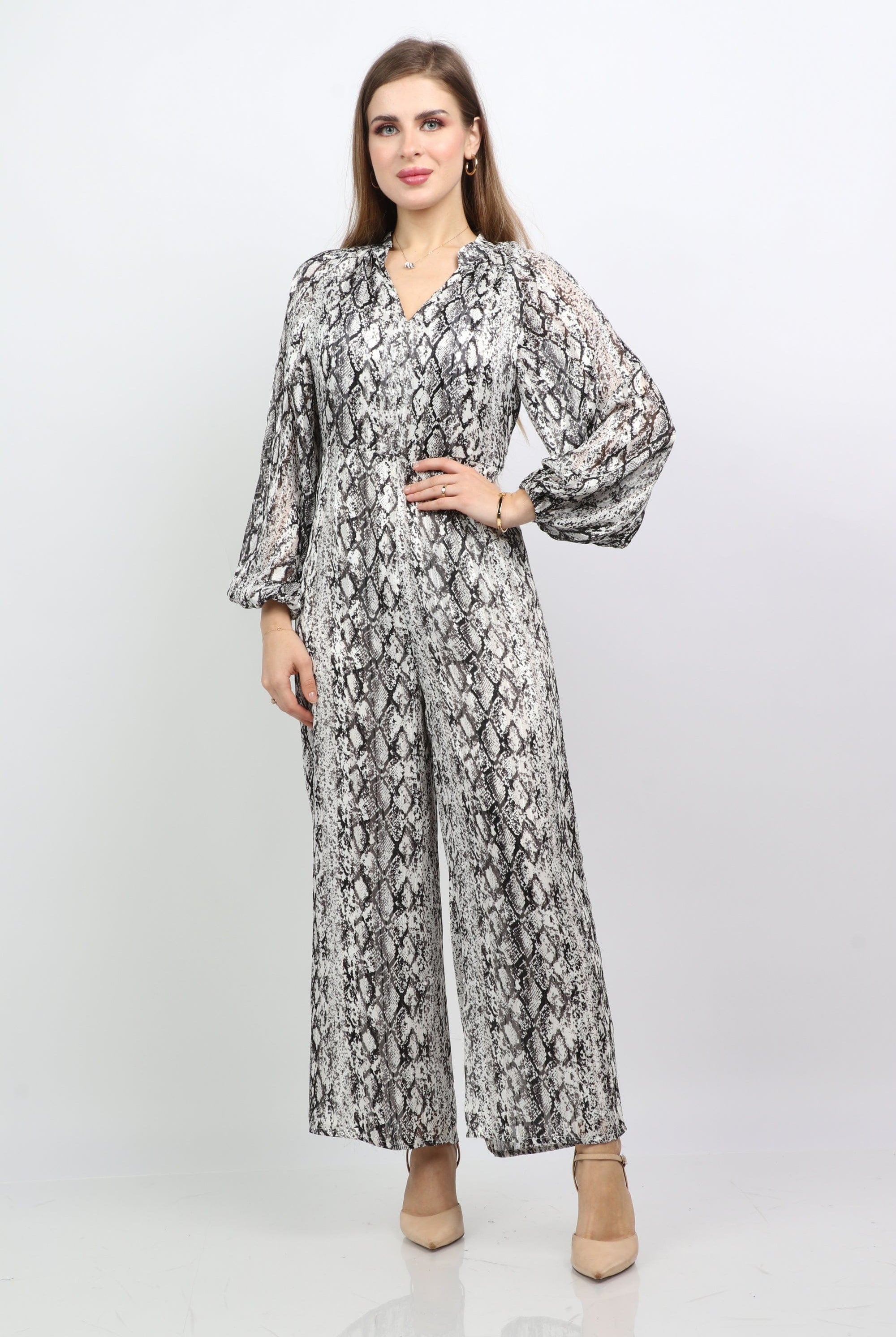 نتشي جمبسوت منقوش كم طويل منفوخ بنطلون واسع نسائي