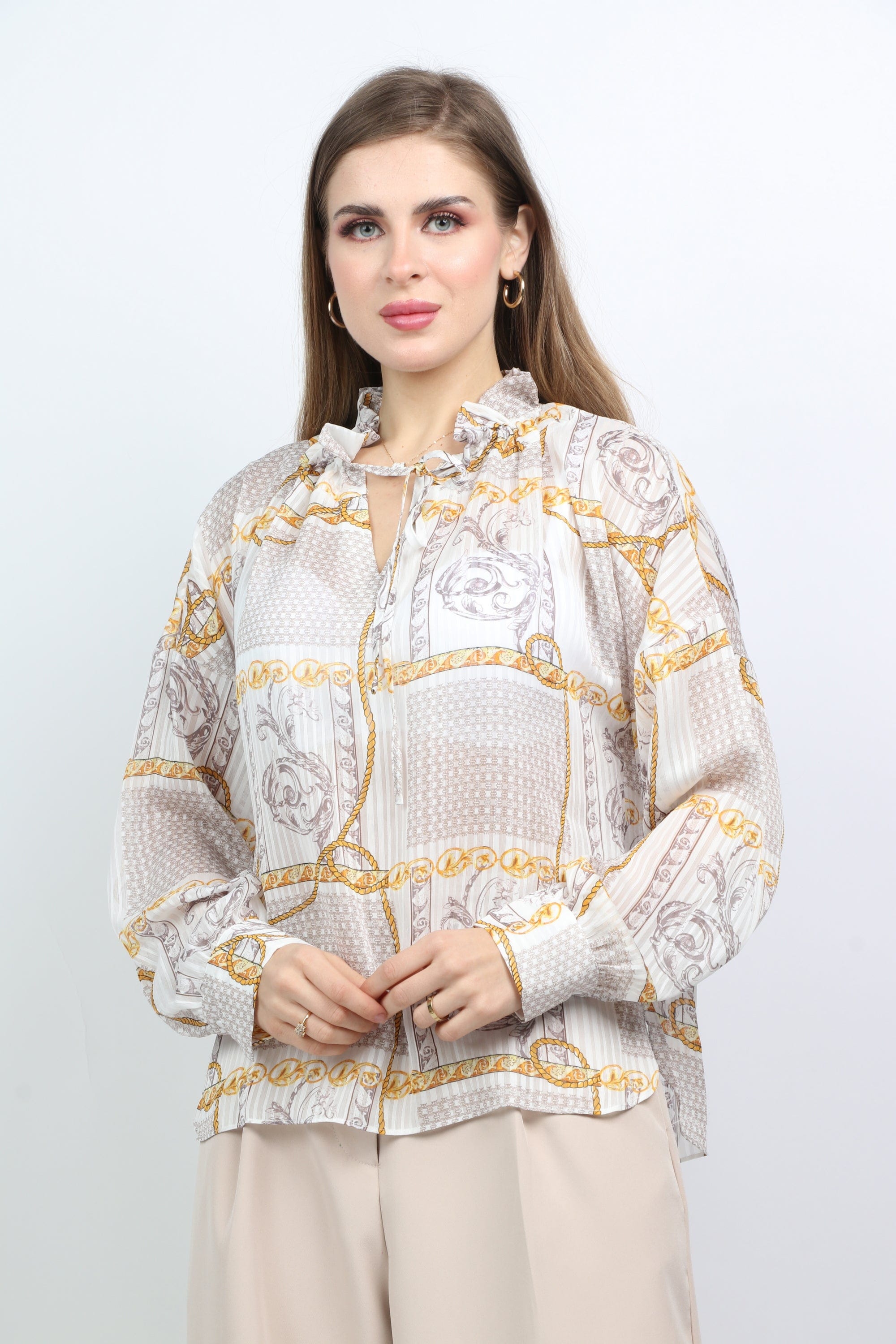 نتشي بلوزة منقوشة شيفون كم طويل منفوش نسائي