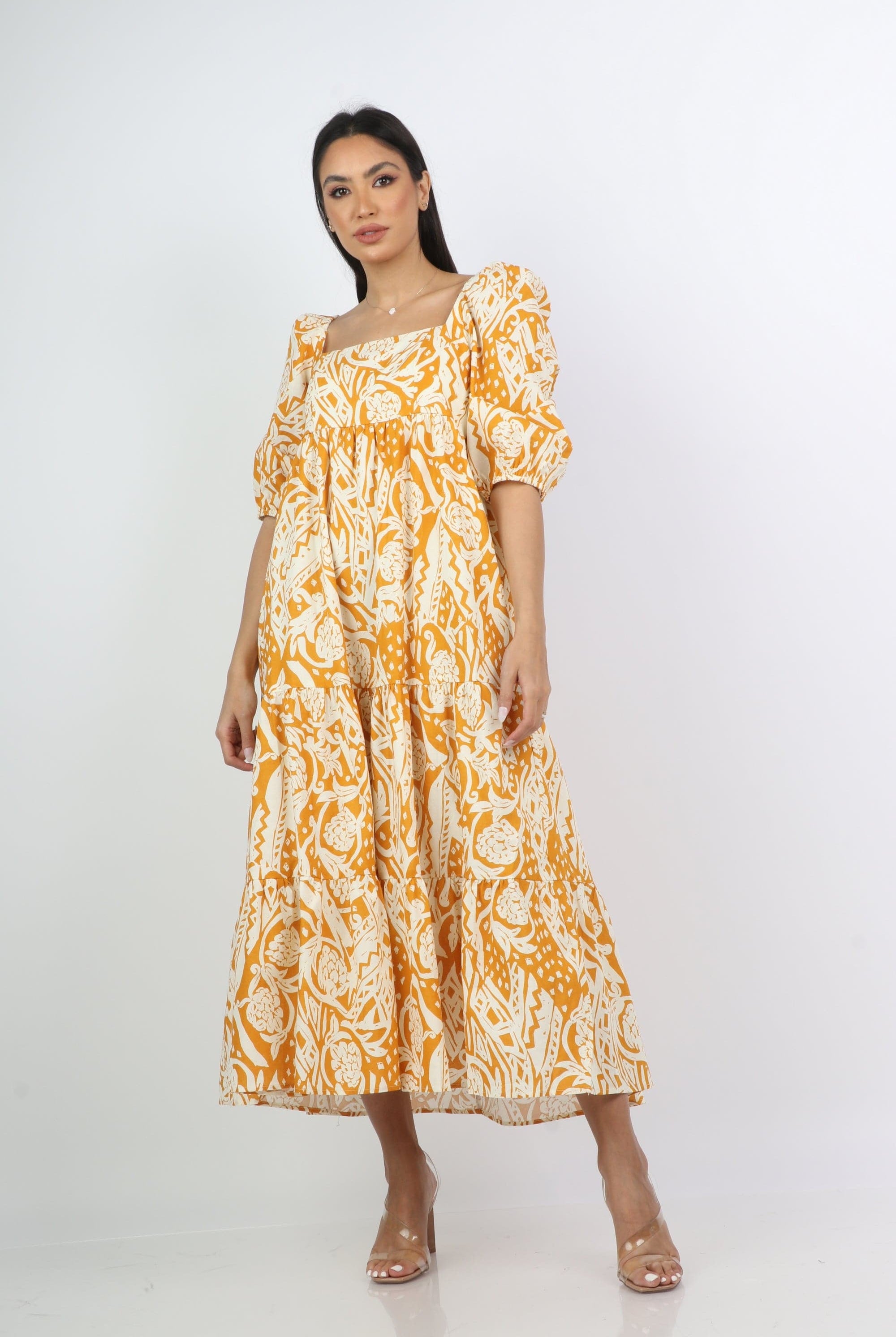 نتشي فستان ميدي منقوش واسع بصدر مربع 3/4 كم