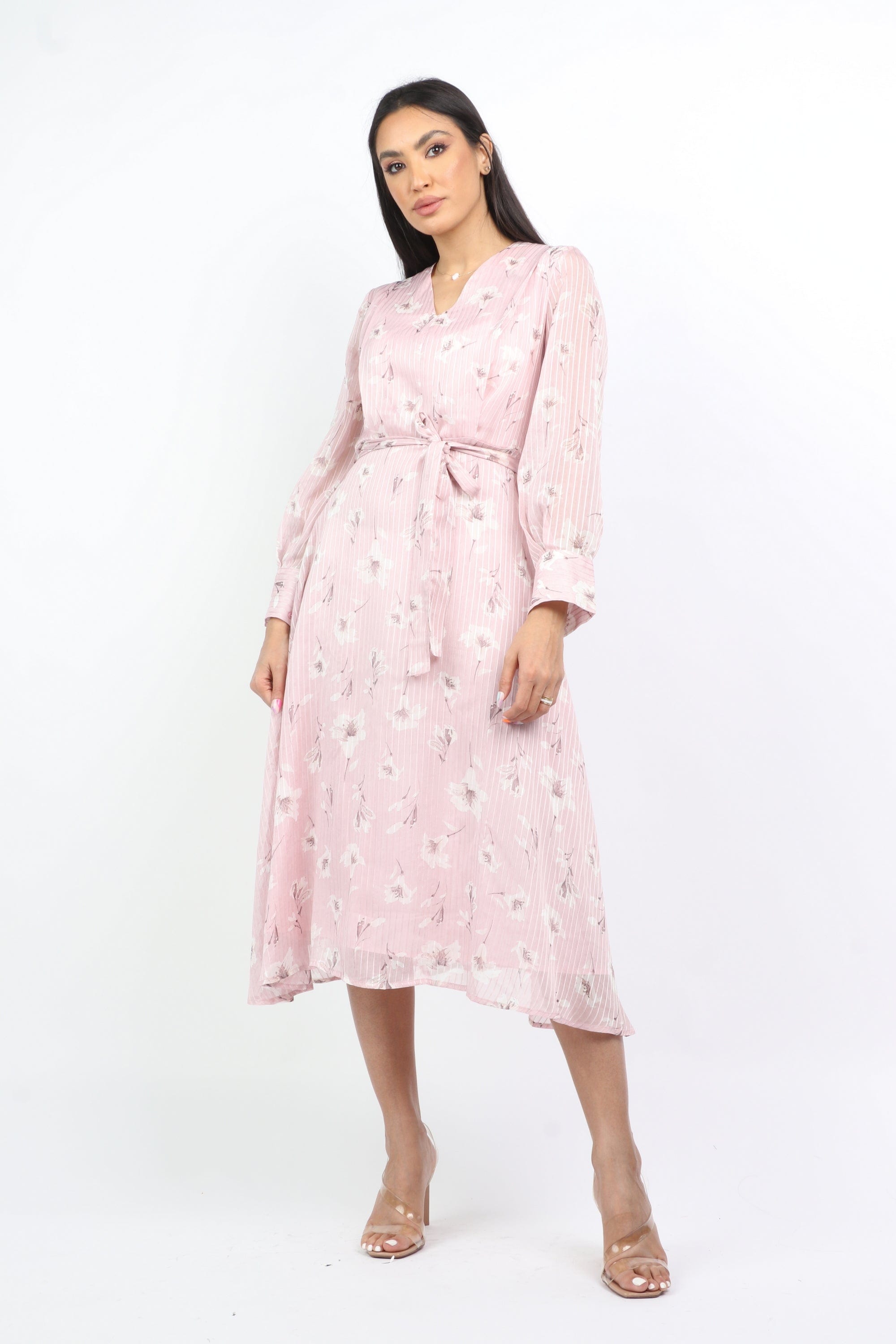 نتشي فستان ميدي شيفون مشجر بأكمام طويلة