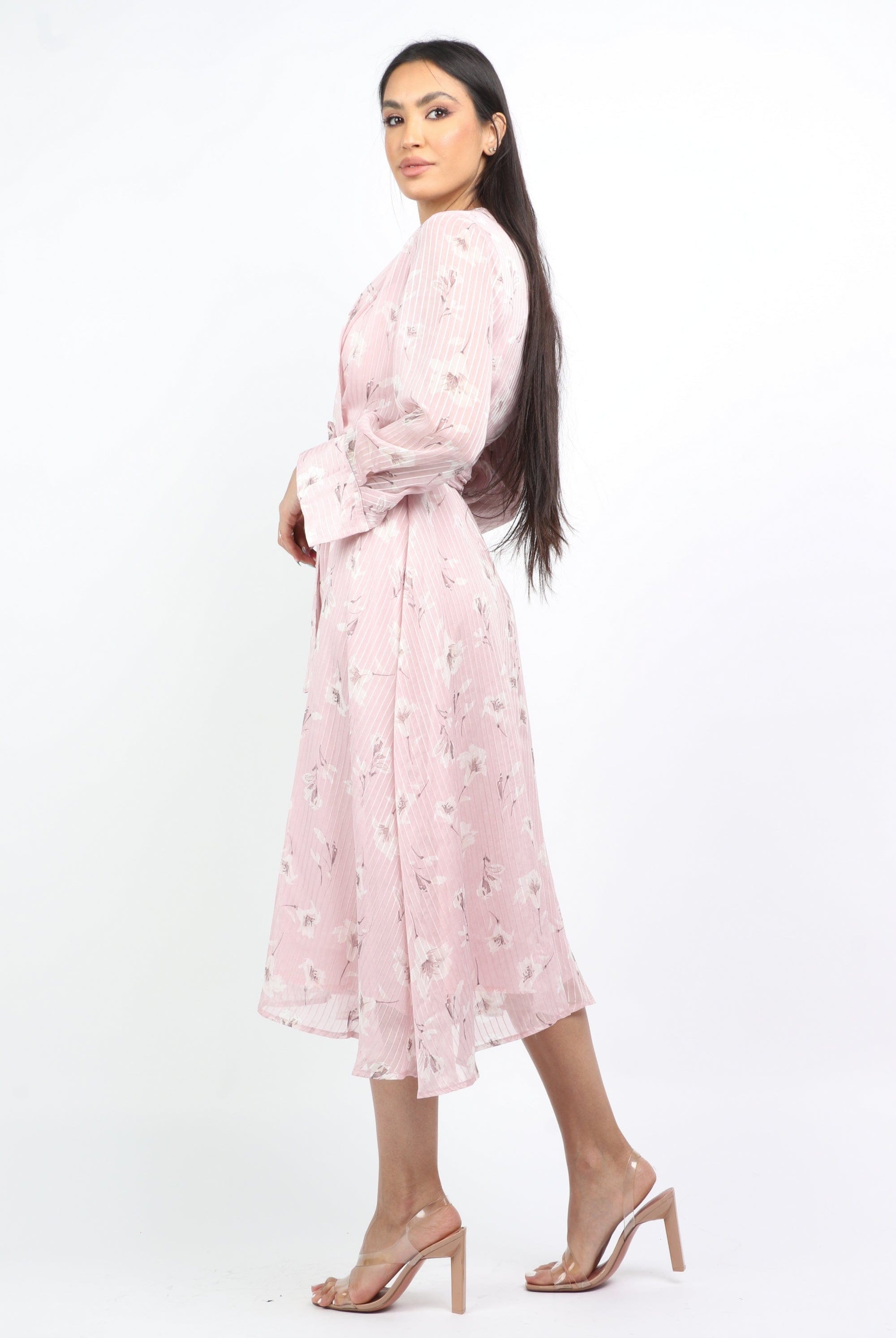 نتشي فستان ميدي شيفون مشجر بأكمام طويلة