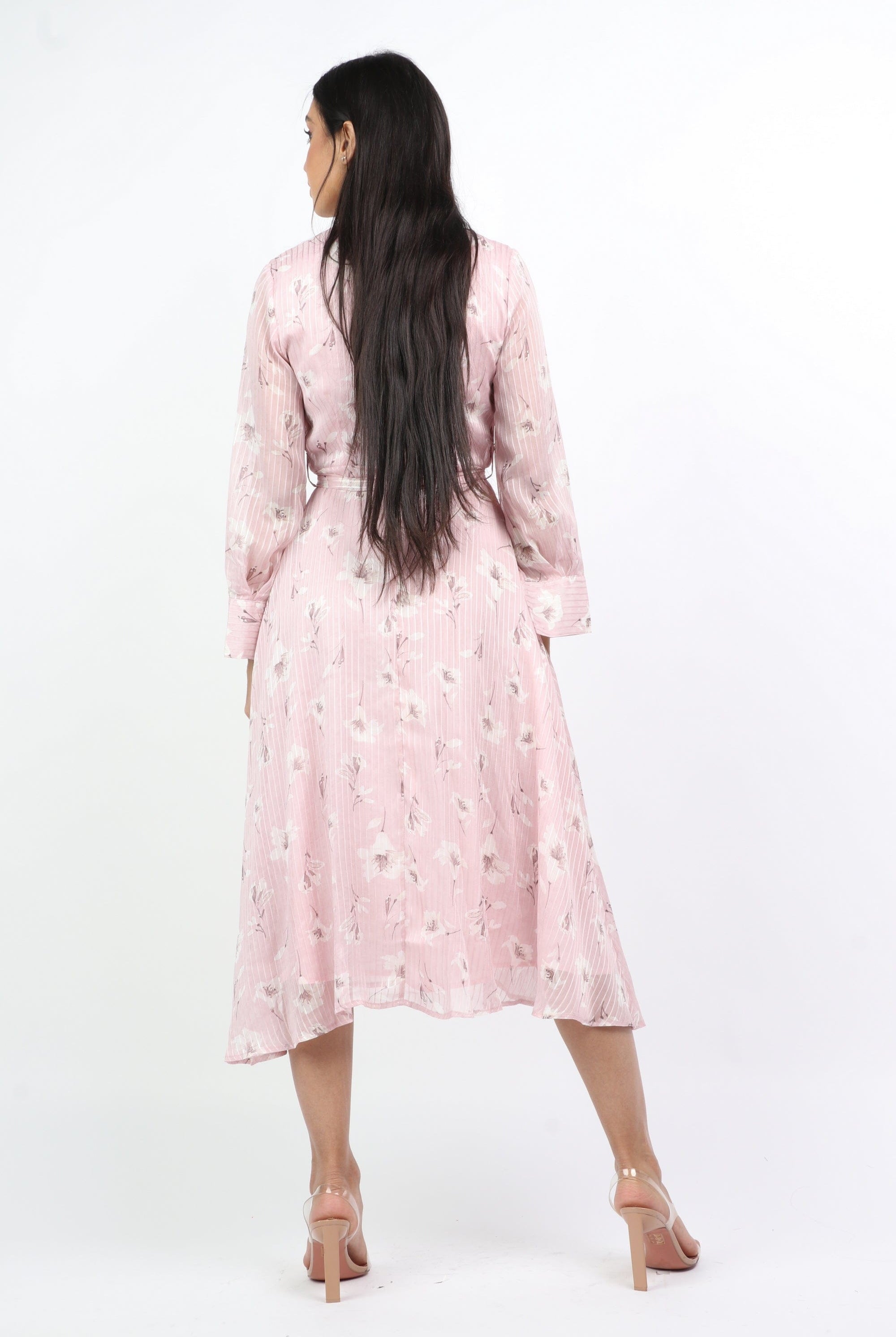 نتشي فستان ميدي شيفون مشجر بأكمام طويلة